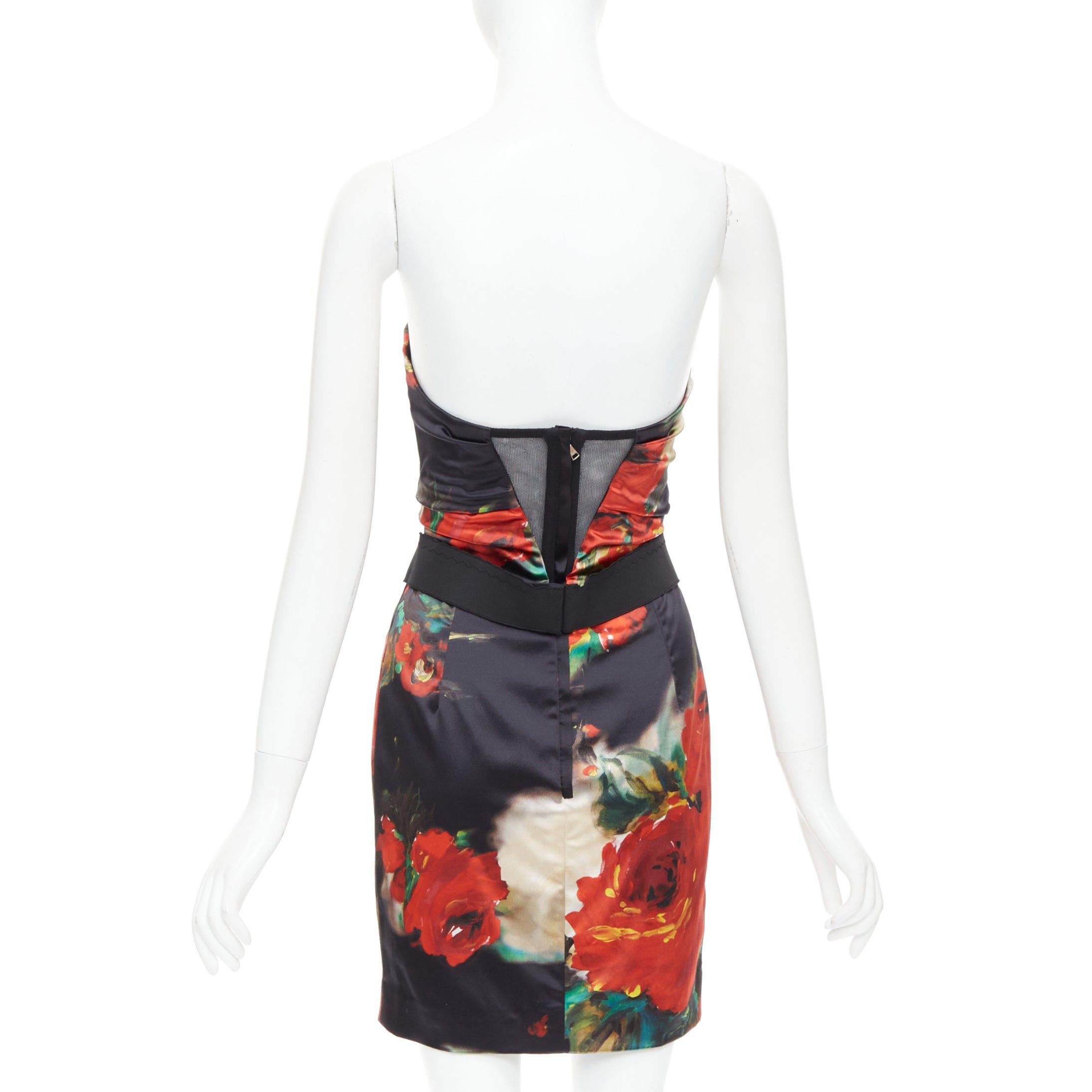 DOLCE GABBANA black red rose print corseted boned cocktail dress IT42 M