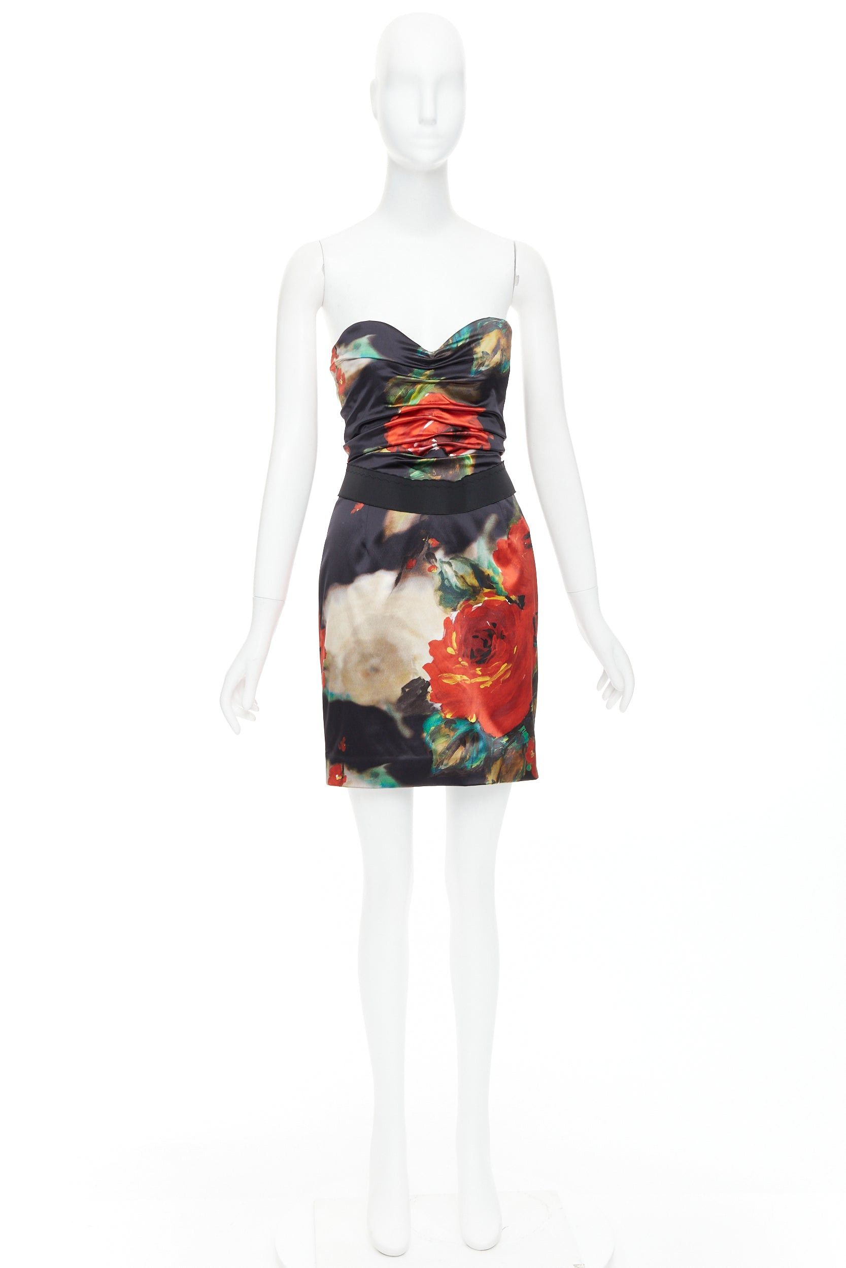 DOLCE GABBANA black red rose print corseted boned cocktail dress IT42 M