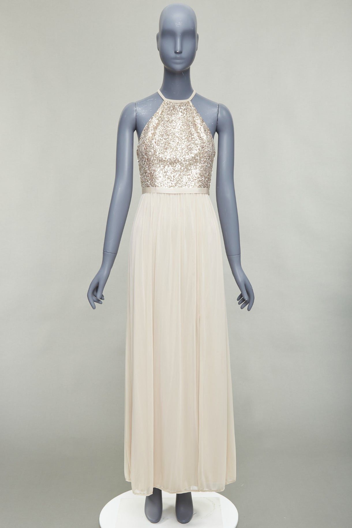 Other DAVID'S BRIDAL champagne sequin bodice halter ruched goddess dress US0 XS Size XS / US 0-2 / IT 36-38 - 9 Thumbnail