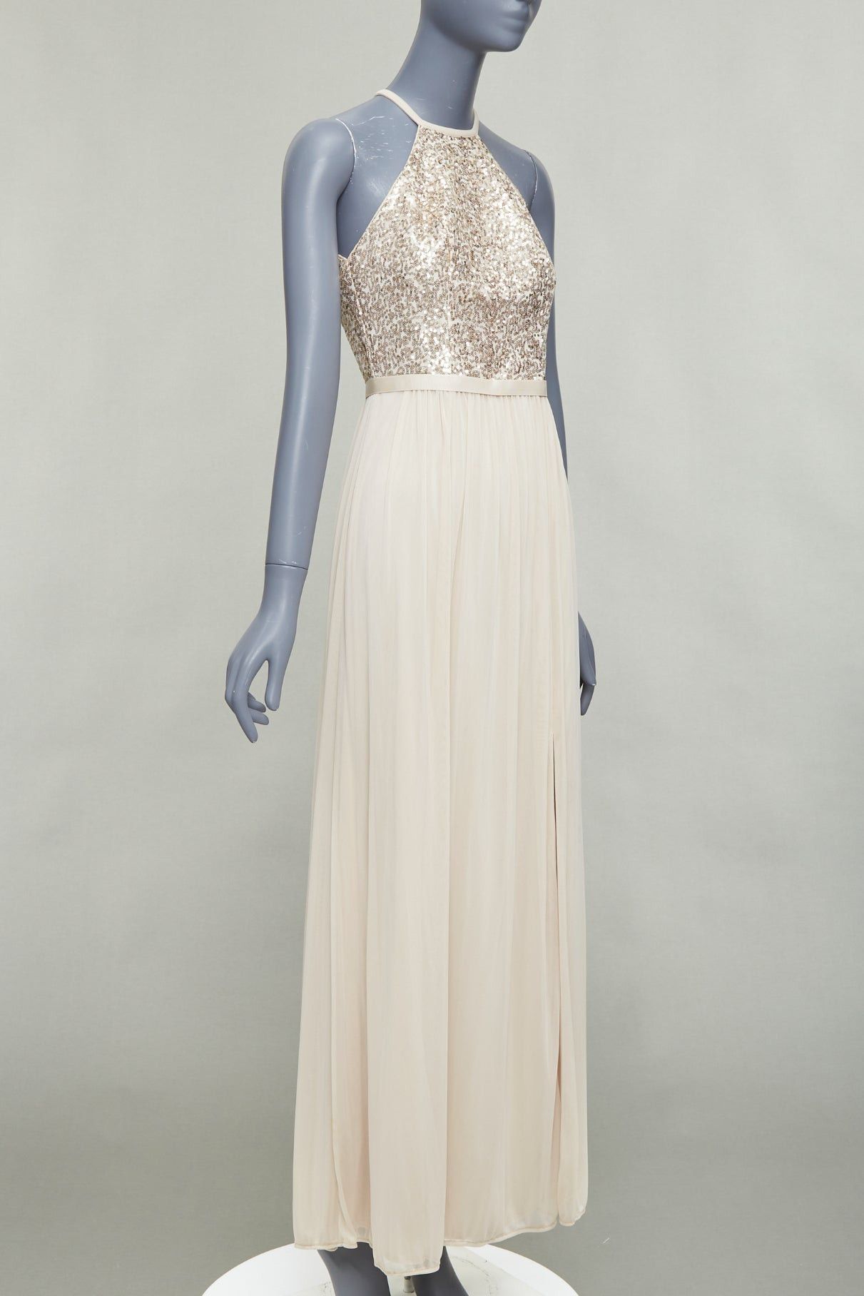Other DAVID'S BRIDAL champagne sequin bodice halter ruched goddess dress US0 XS Size XS / US 0-2 / IT 36-38 - 3 Thumbnail