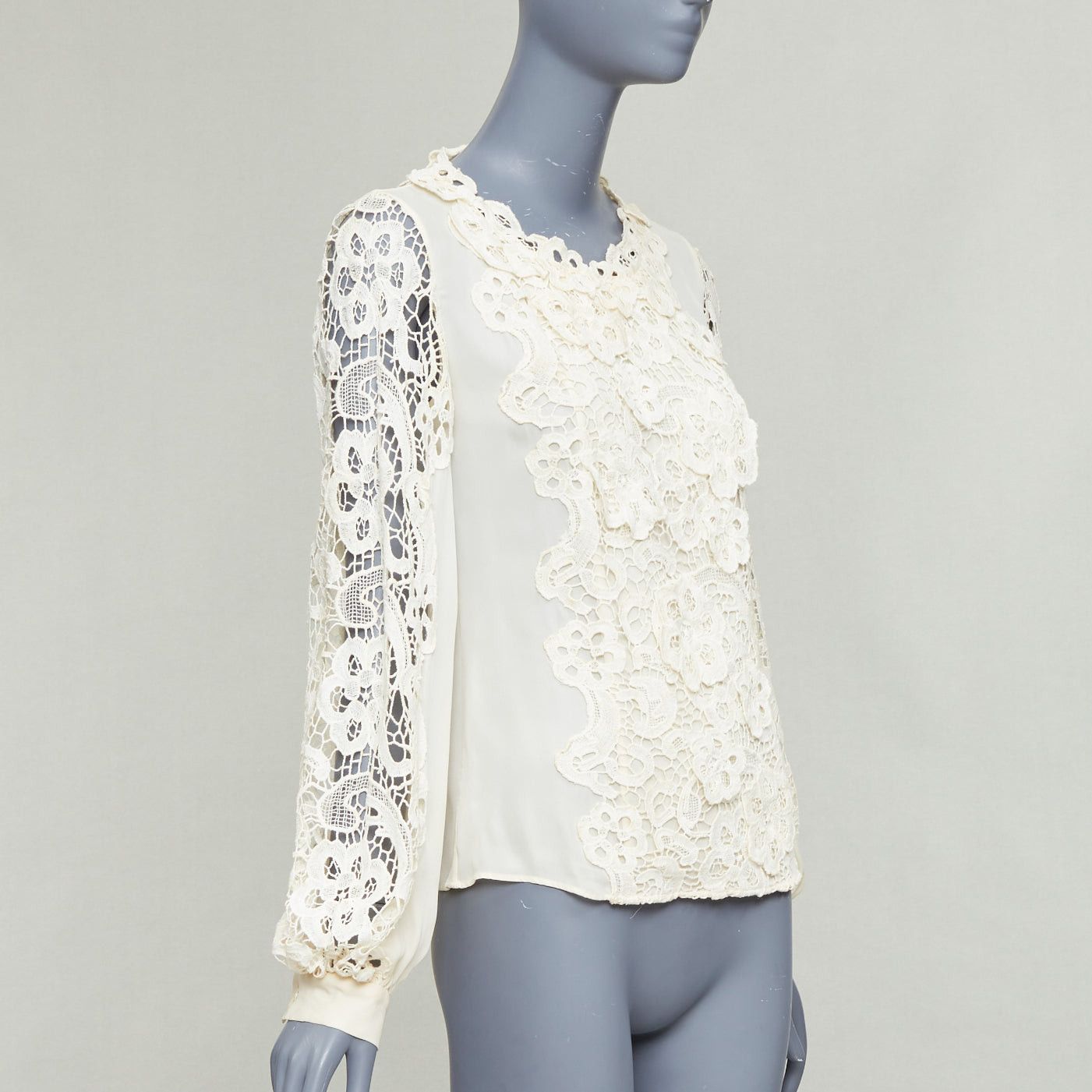 Oscar De La Renta OSCAR DE LA RENTA cream 100% silk floral lace appliqu√© peasant blouse US2 S Size S / US 4 / IT 40 - 3 Thumbnail