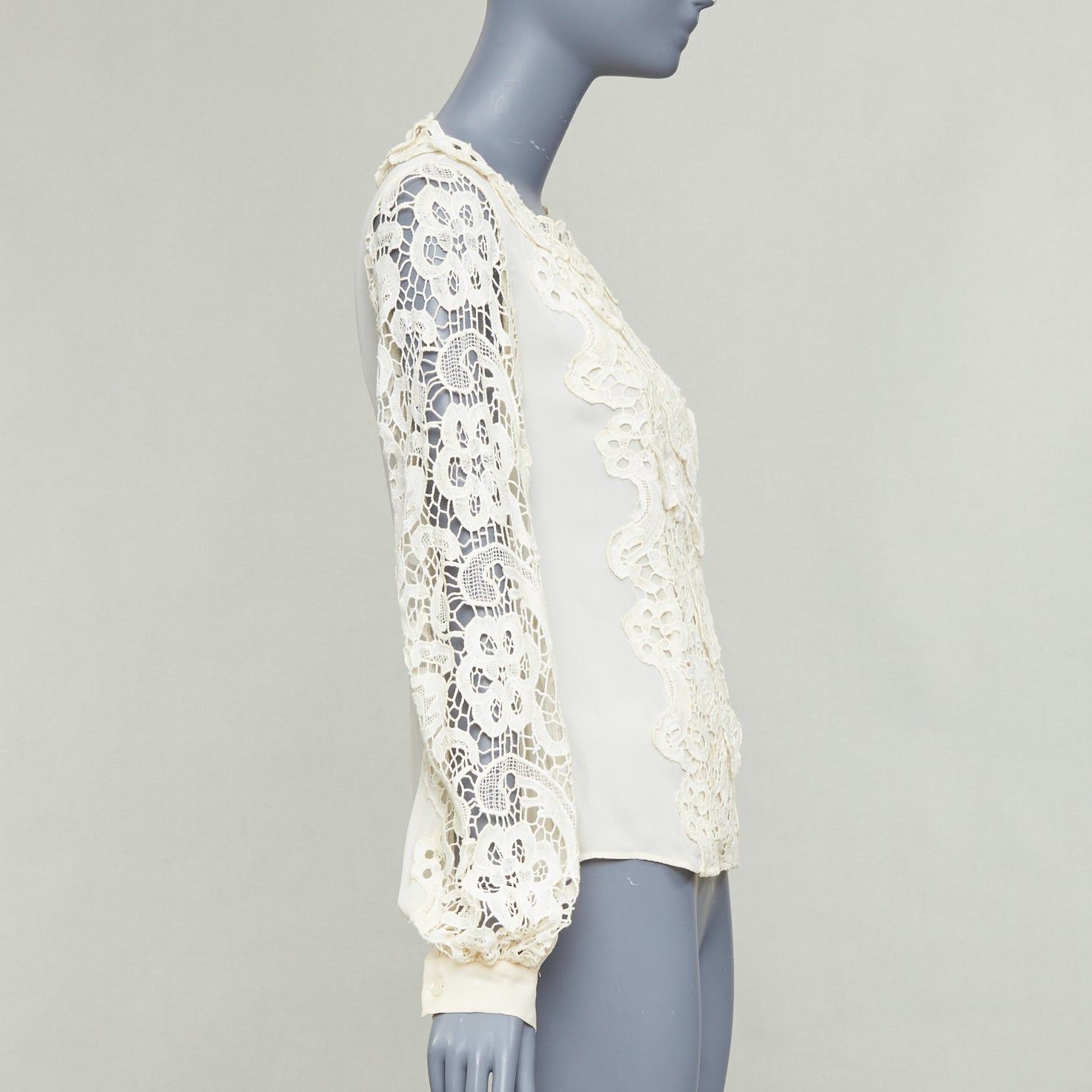 Oscar De La Renta OSCAR DE LA RENTA cream 100% silk floral lace appliqu√© peasant blouse US2 S Size S / US 4 / IT 40 - 4 Thumbnail