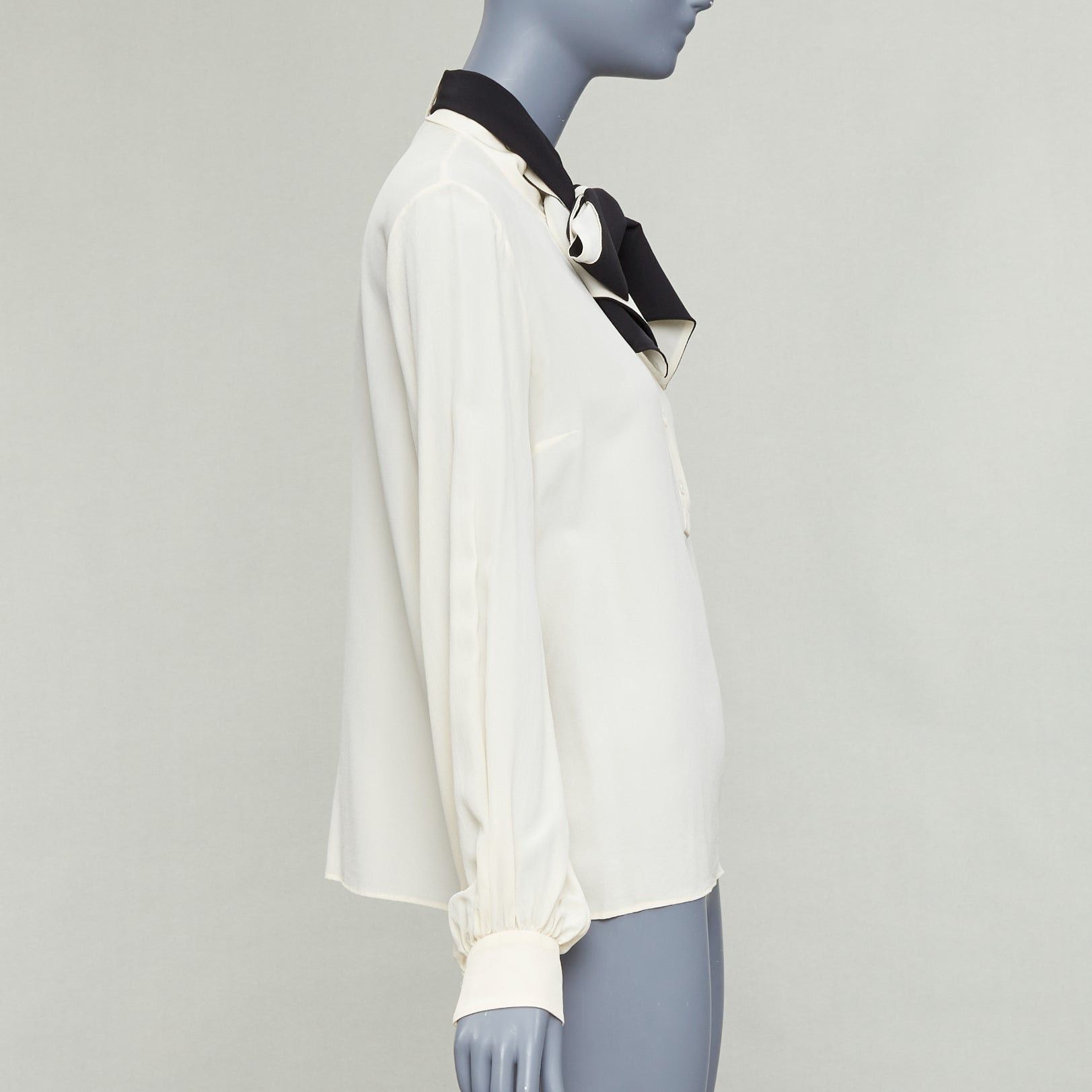 Lanvin LANVIN cream 100% silk black contrast tie neck peasant blouse FR34 XS Size XS / US 0-2 / IT 36-38 - 4 Thumbnail
