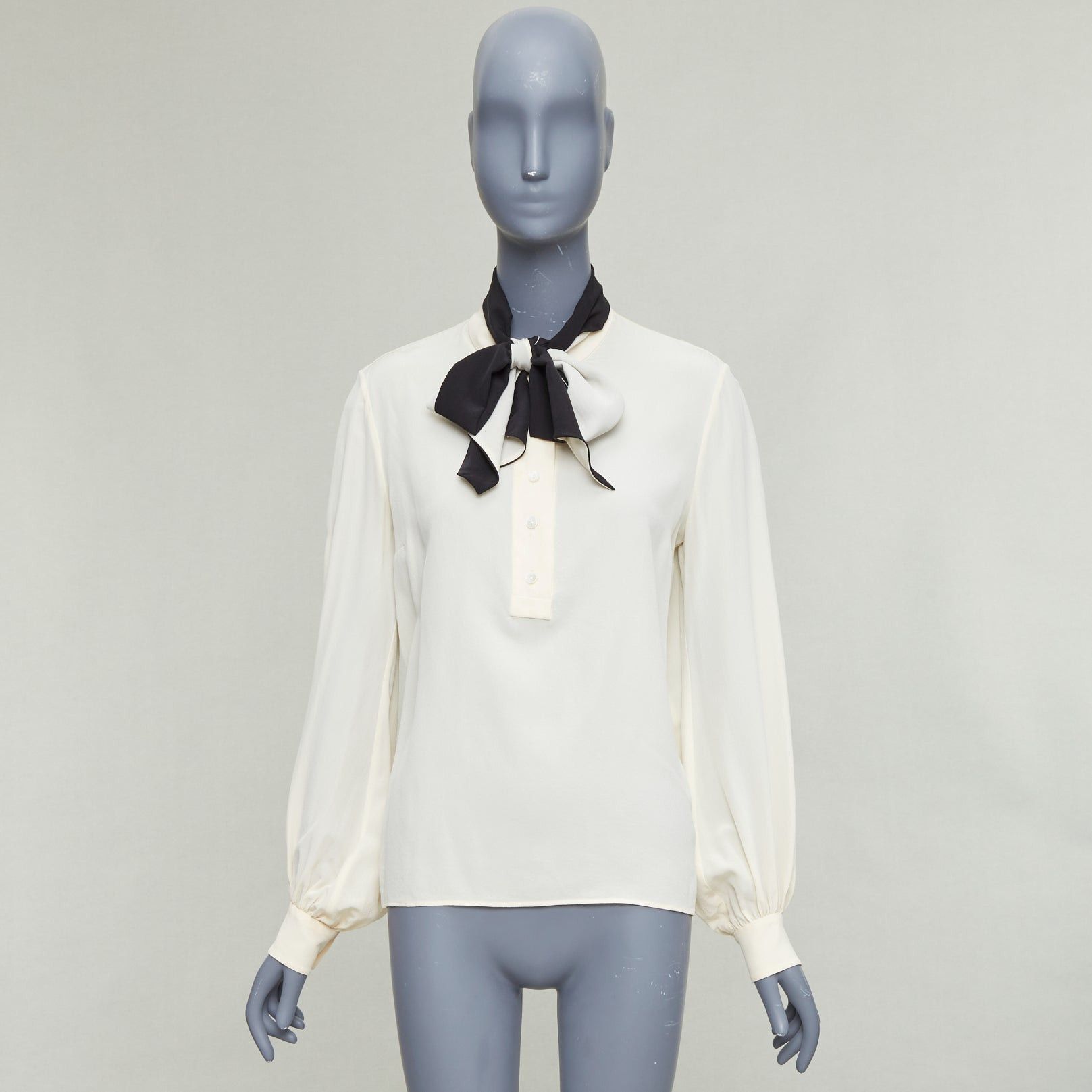 Lanvin LANVIN cream 100% silk black contrast tie neck peasant blouse FR34 XS Size XS / US 0-2 / IT 36-38 - 9 Thumbnail