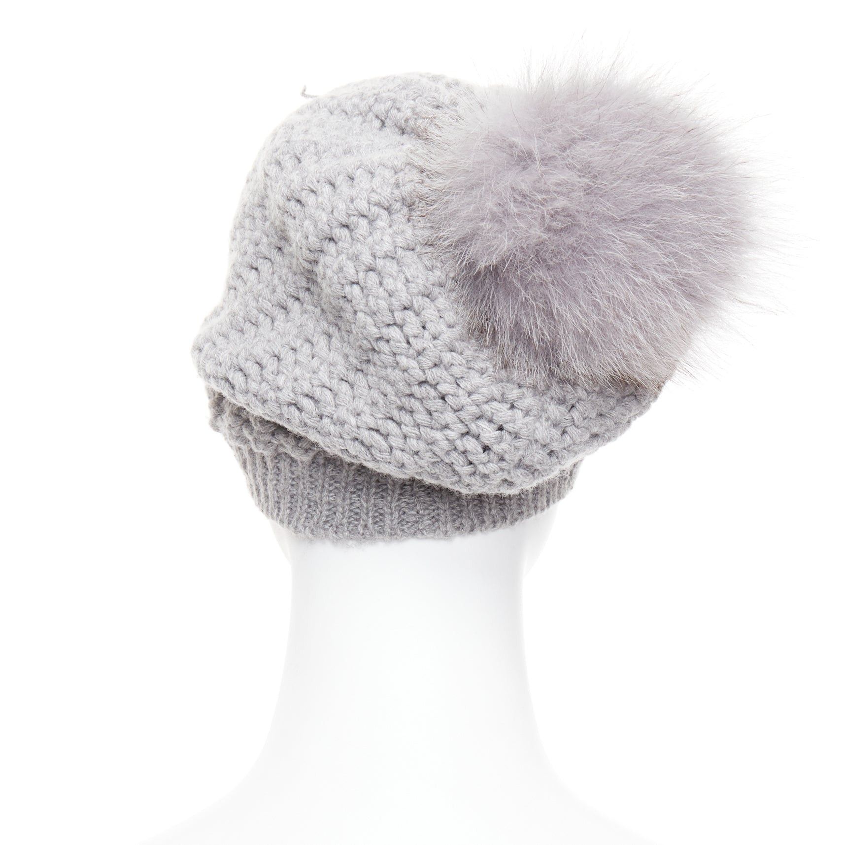 Moncler MONCLER grey fur pom pom cream logo heavy knit beanie hat Size ONE SIZE - 5 Thumbnail
