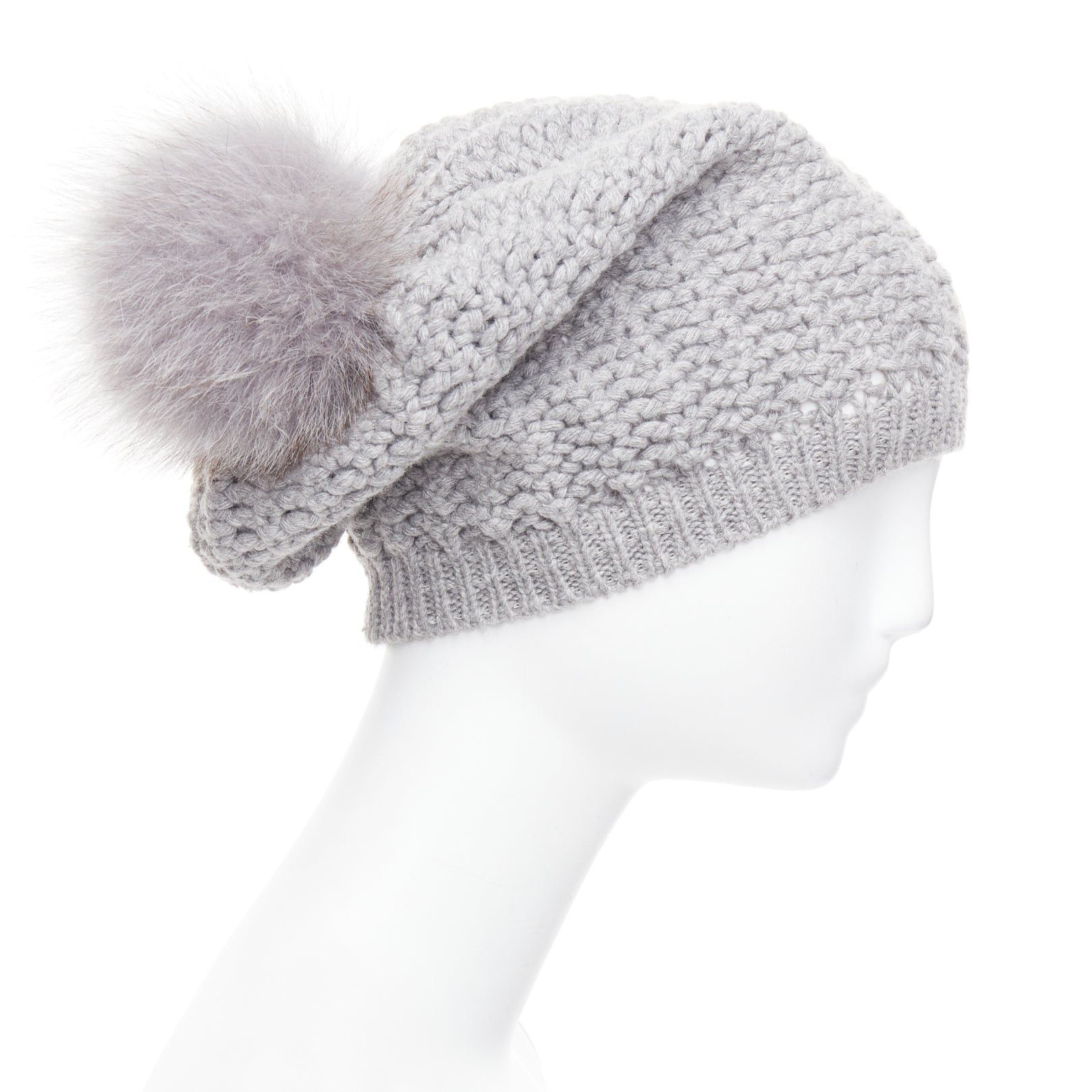Moncler MONCLER grey fur pom pom cream logo heavy knit beanie hat Size ONE SIZE - 4 Thumbnail