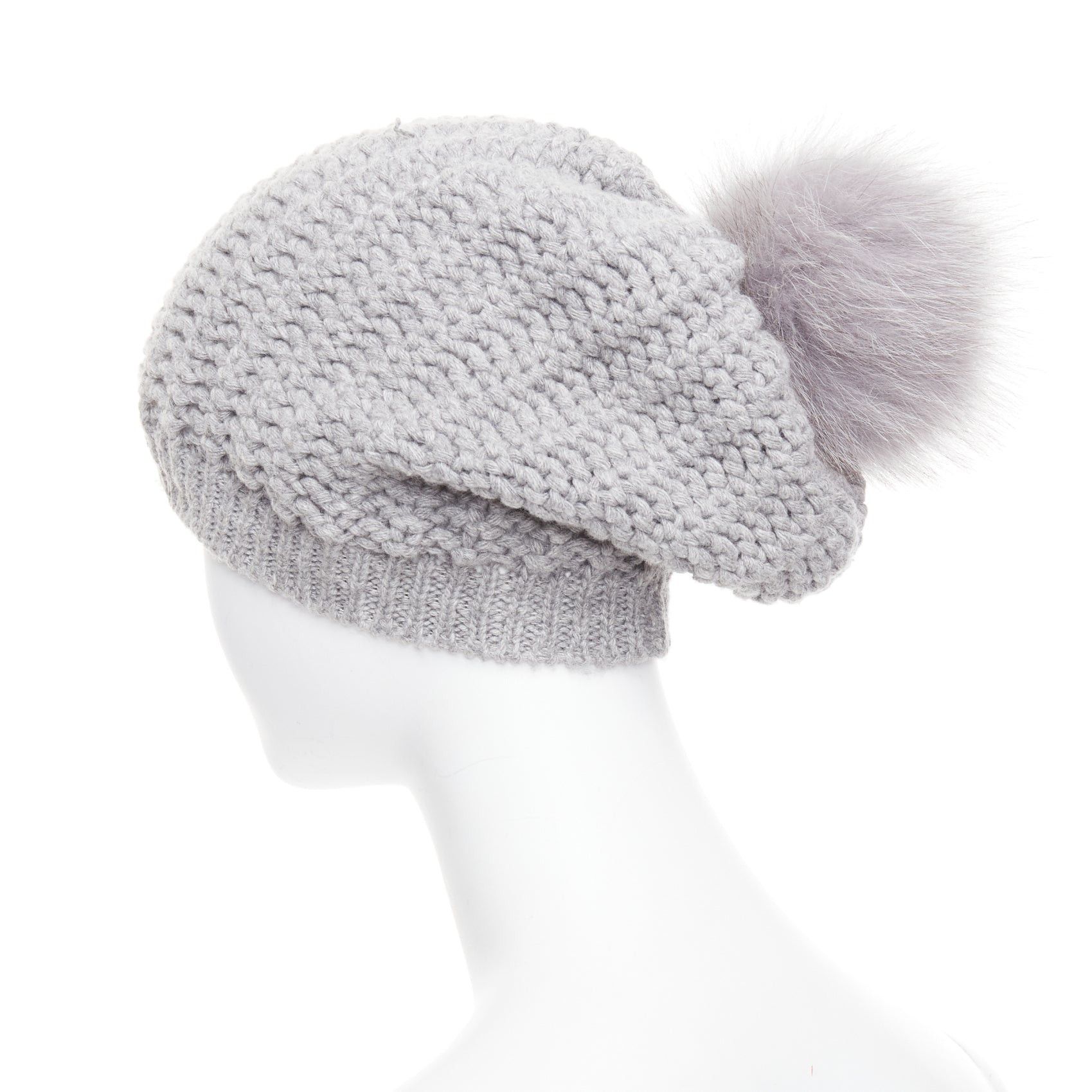 Moncler MONCLER grey fur pom pom cream logo heavy knit beanie hat Size ONE SIZE - 6 Thumbnail