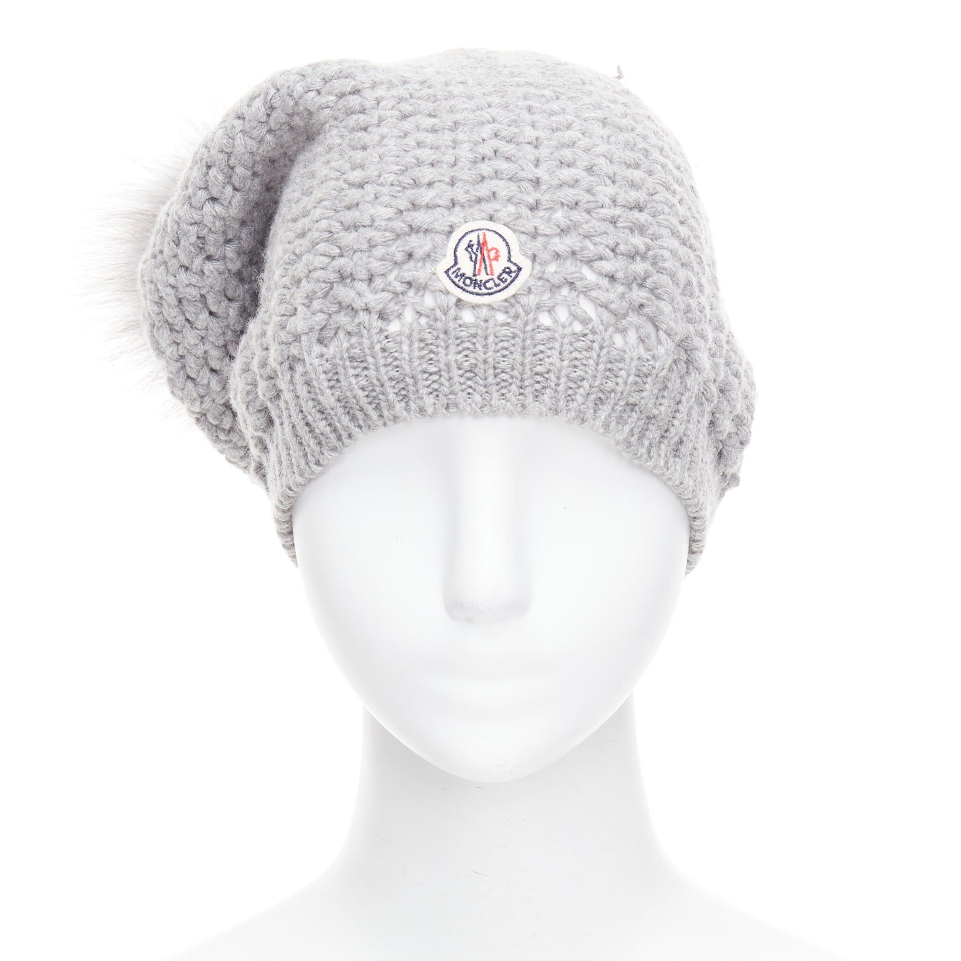 Moncler MONCLER grey fur pom pom cream logo heavy knit beanie hat Size ONE SIZE - 3 Thumbnail