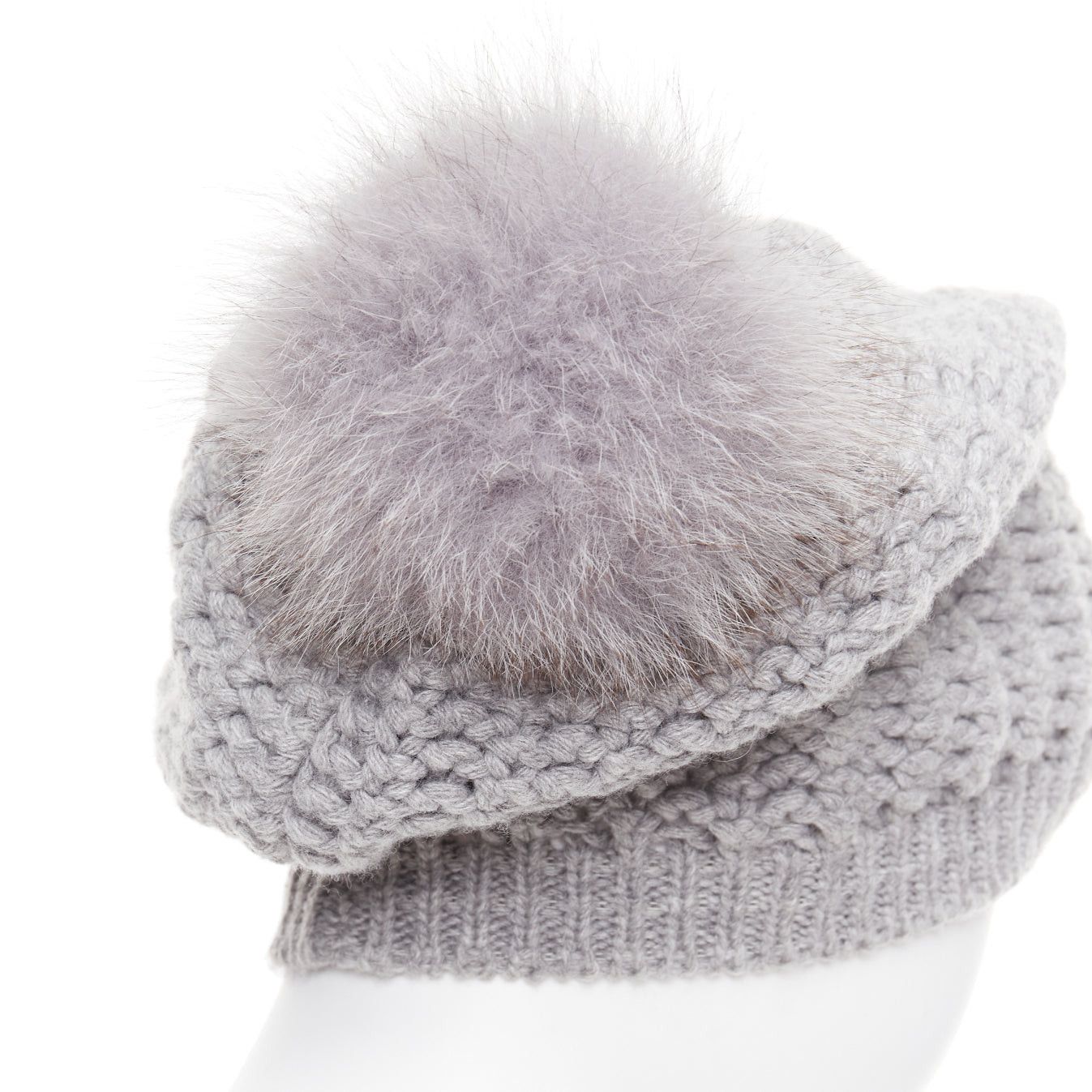 Moncler MONCLER grey fur pom pom cream logo heavy knit beanie hat Size ONE SIZE - 7 Thumbnail