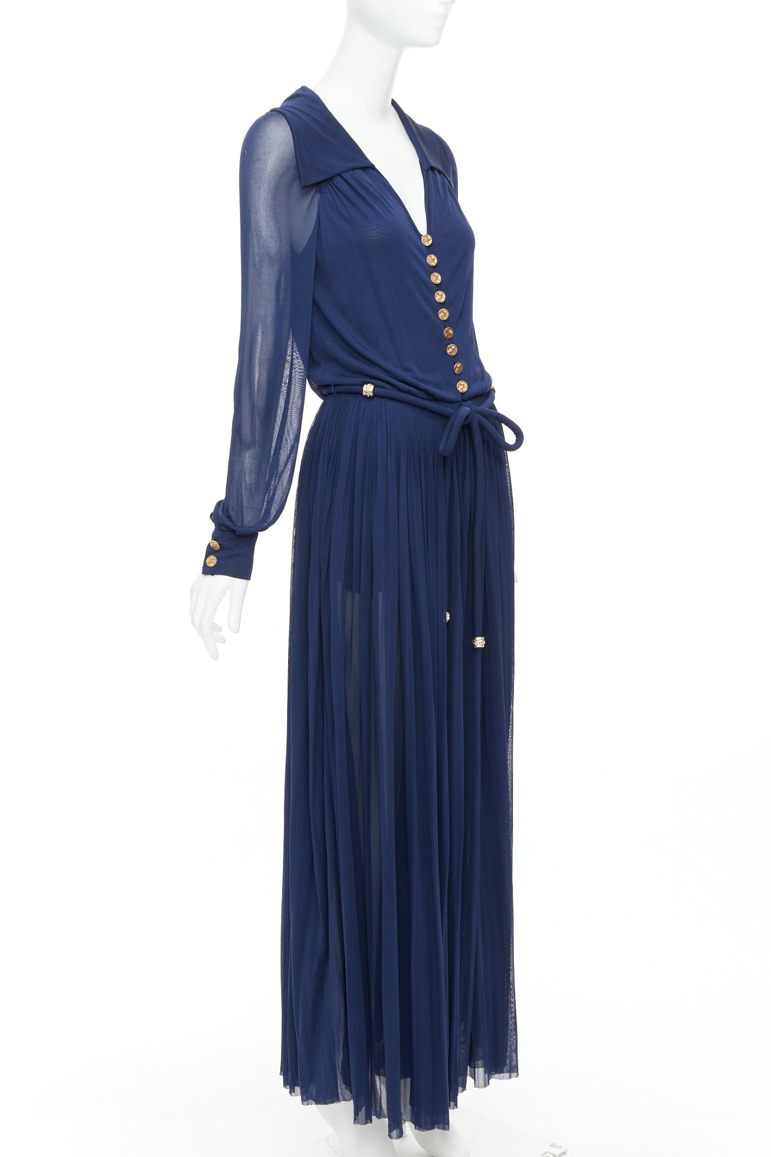 Chanel CHANEL 2017 Runway navy gold CC owl logo buttons pleated belted dress FR36 S Size S / US 4 / IT 40 - 3 Thumbnail
