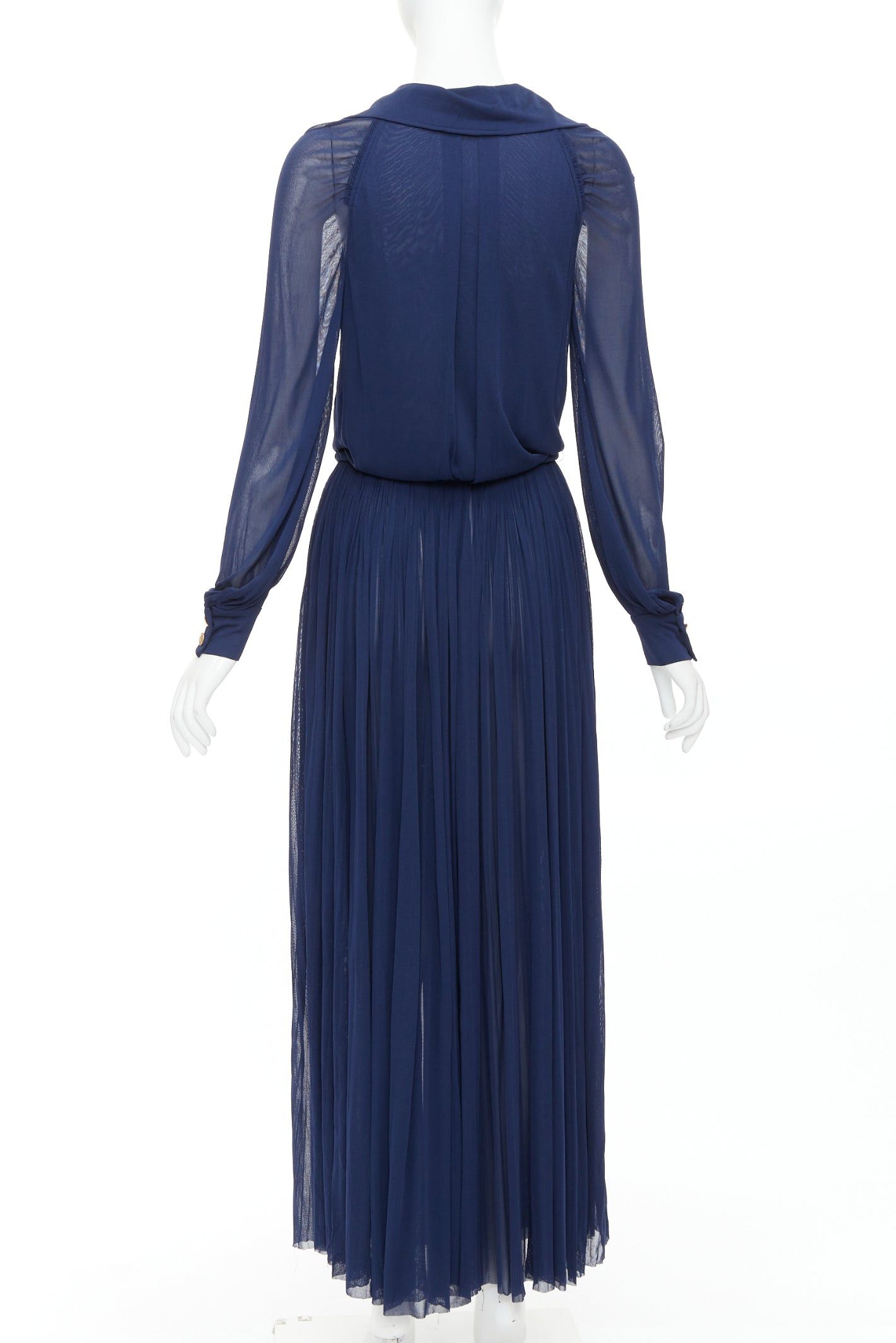 Chanel CHANEL 2017 Runway navy gold CC owl logo buttons pleated belted dress FR36 S Size S / US 4 / IT 40 - 5 Thumbnail