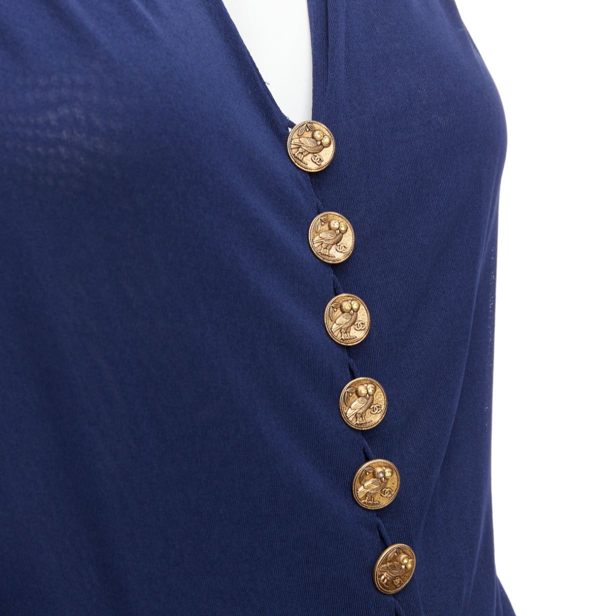 Chanel CHANEL 2017 Runway navy gold CC owl logo buttons pleated belted dress FR36 S Size S / US 4 / IT 40 - 2 Thumbnail