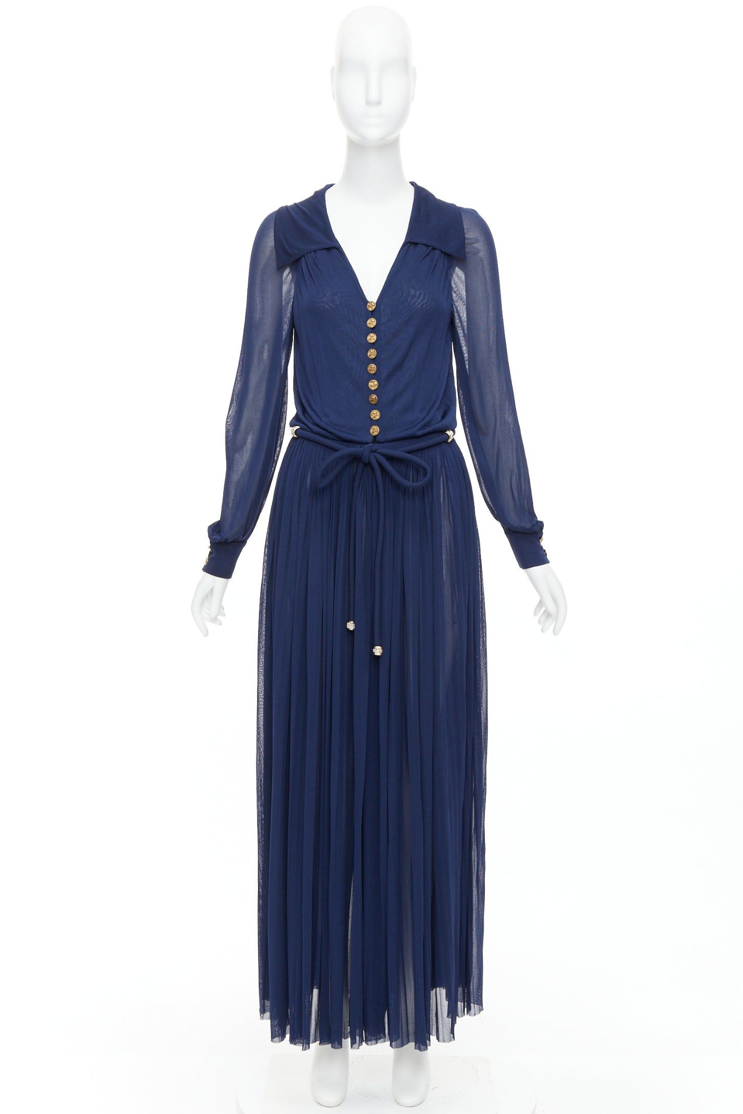 Chanel CHANEL 2017 Runway navy gold CC owl logo buttons pleated belted dress FR36 S Size S / US 4 / IT 40 - 9 Thumbnail