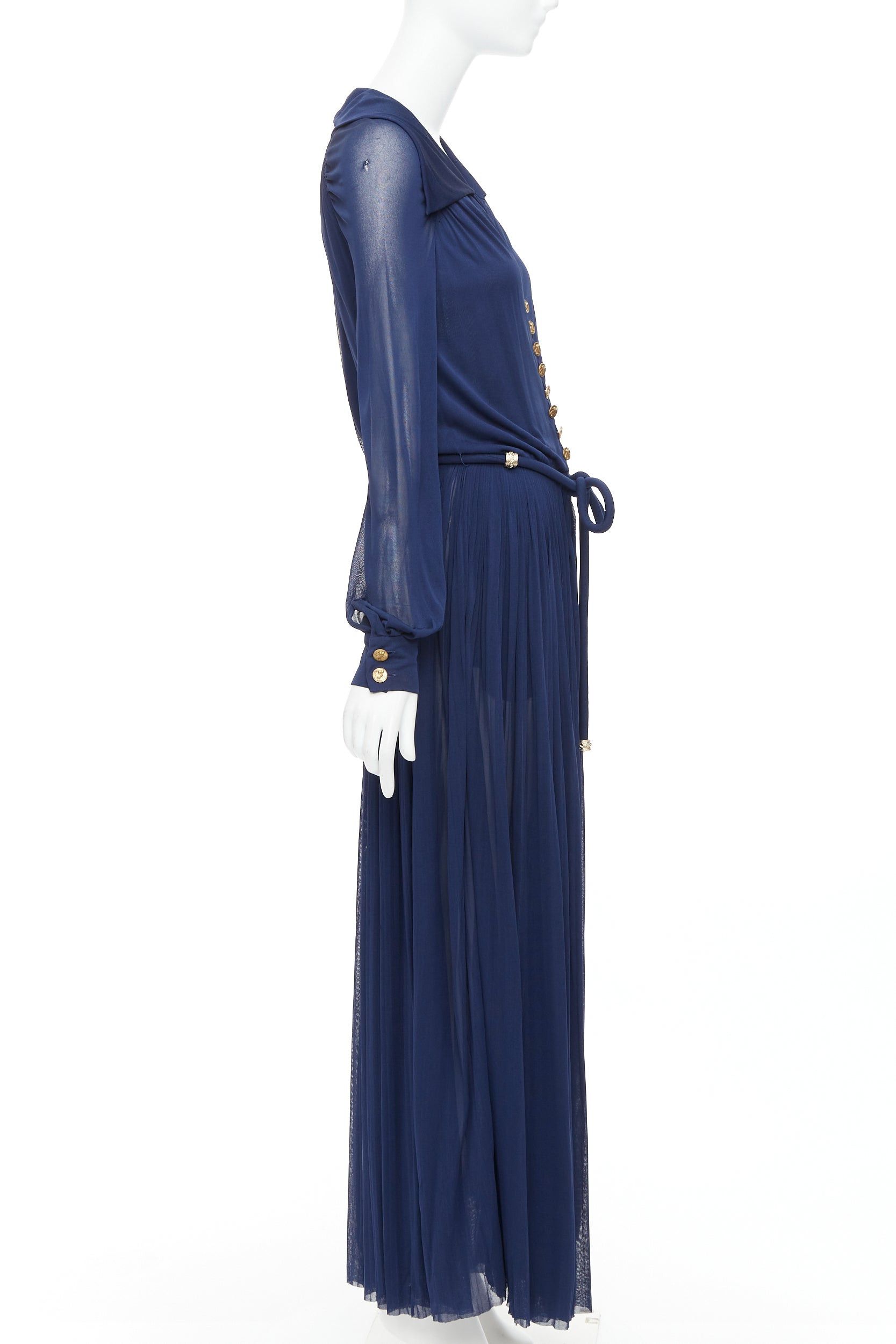 Chanel CHANEL 2017 Runway navy gold CC owl logo buttons pleated belted dress FR36 S Size S / US 4 / IT 40 - 4 Thumbnail