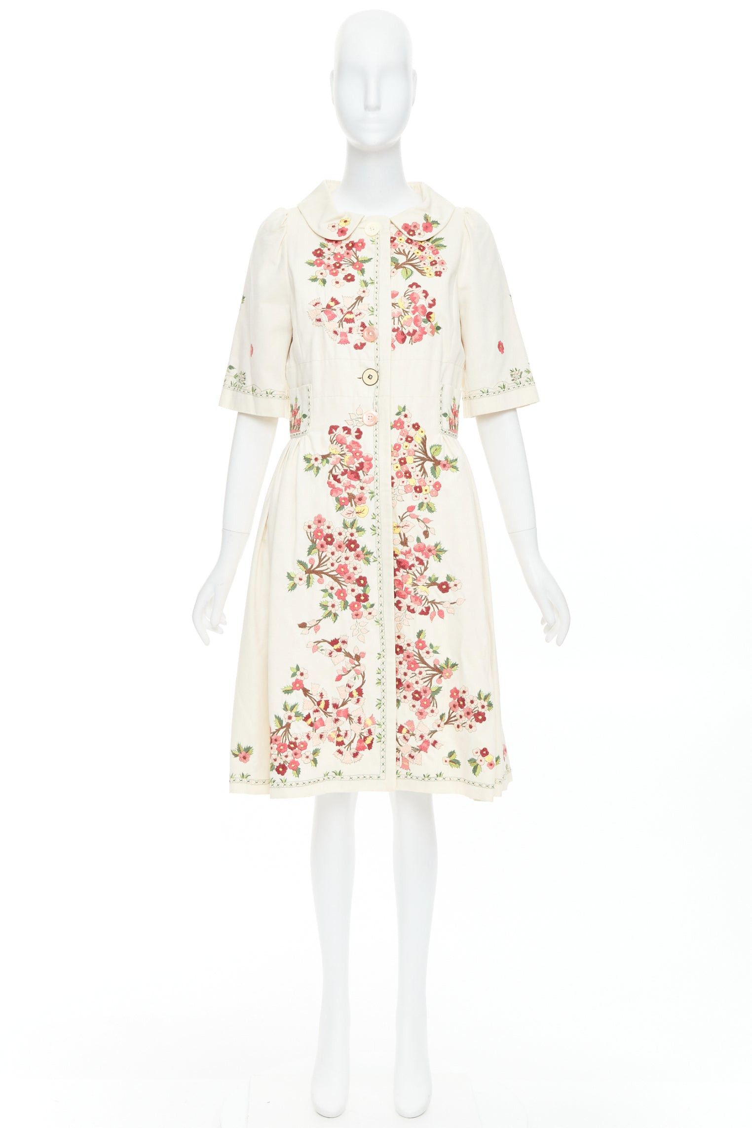 Kenzo KENZO cream pink floral embroidery cotton peter pan coat dress FR38 M Size M / US 6-8 / IT 42-44 - 10 Thumbnail