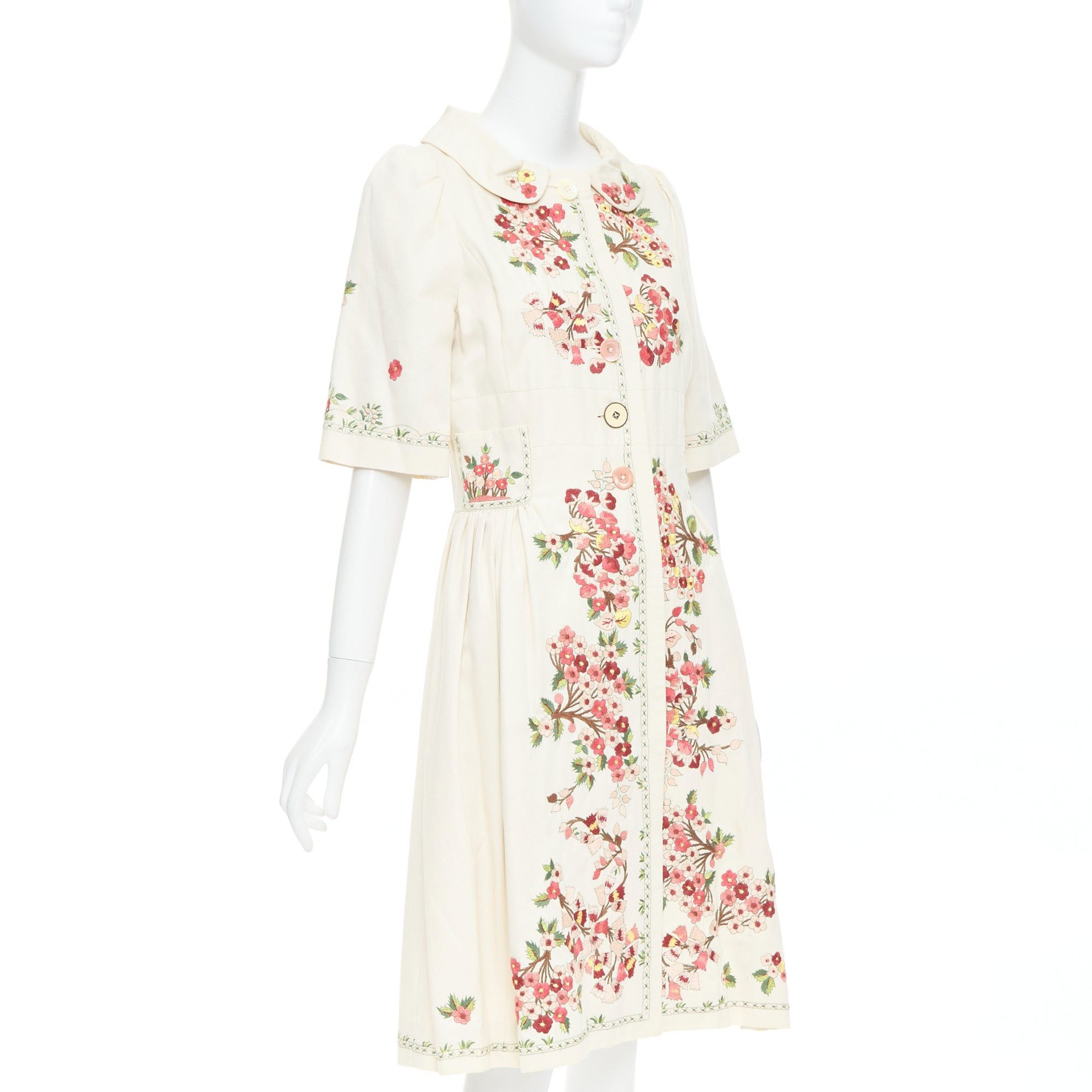 Kenzo KENZO cream pink floral embroidery cotton peter pan coat dress FR38 M Size M / US 6-8 / IT 42-44 - 4 Thumbnail