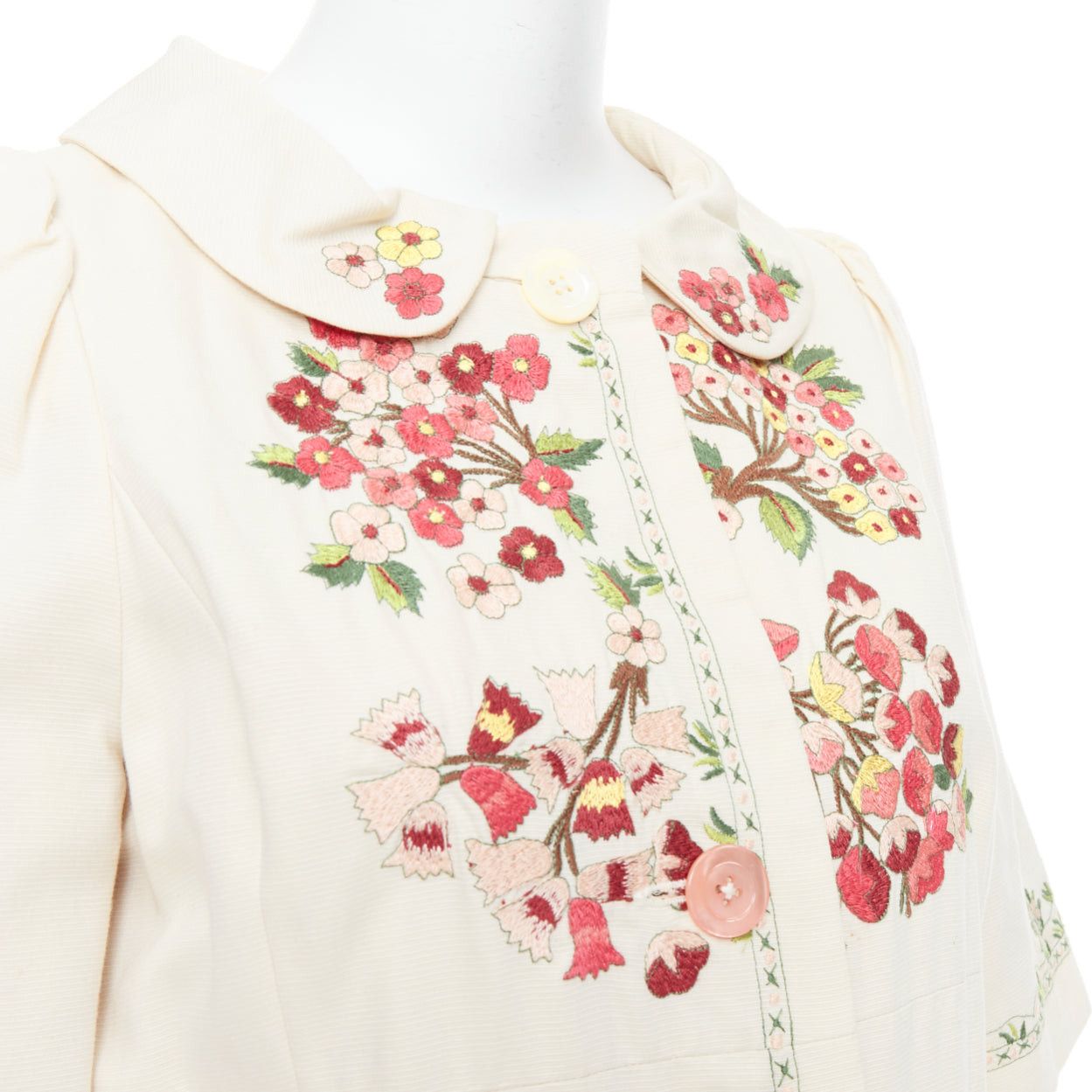 Kenzo KENZO cream pink floral embroidery cotton peter pan coat dress FR38 M Size M / US 6-8 / IT 42-44 - 2 Thumbnail