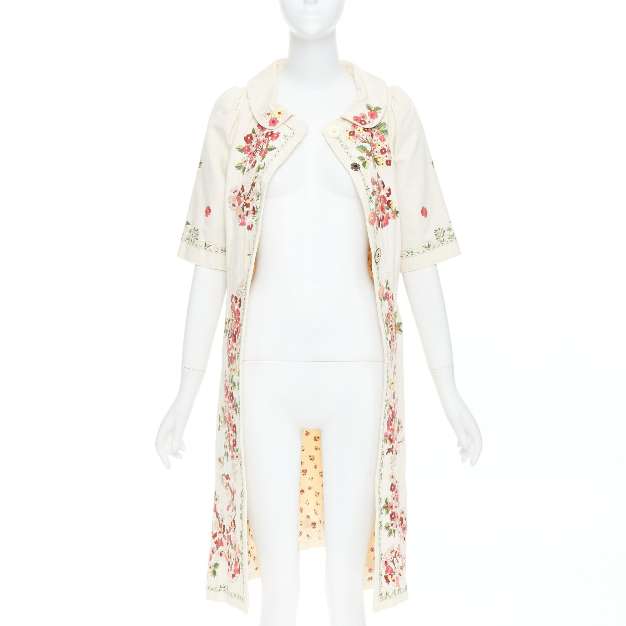 Kenzo KENZO cream pink floral embroidery cotton peter pan coat dress FR38 M Size M / US 6-8 / IT 42-44 - 3 Thumbnail