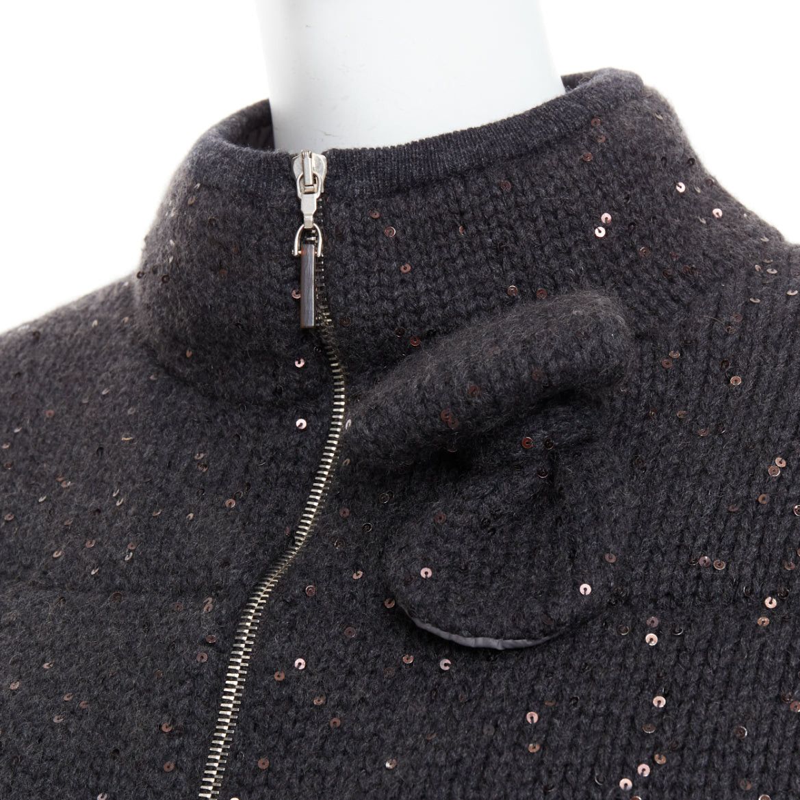 Brunello Cucinelli BRUNELLO CUCINELLI Cashmere dark grey sequin padded crop cardigan M Size M / US 6-8 / IT 42-44 - 2 Thumbnail