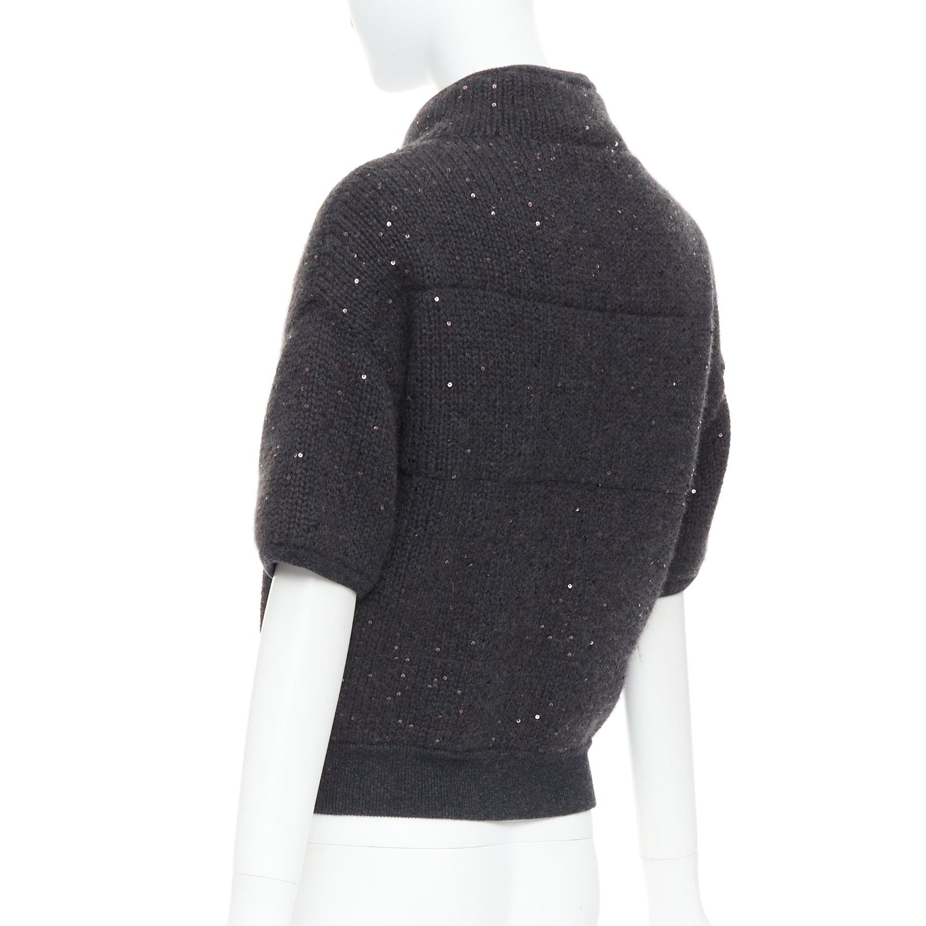 Brunello Cucinelli BRUNELLO CUCINELLI Cashmere dark grey sequin padded crop cardigan M Size M / US 6-8 / IT 42-44 - 7 Thumbnail