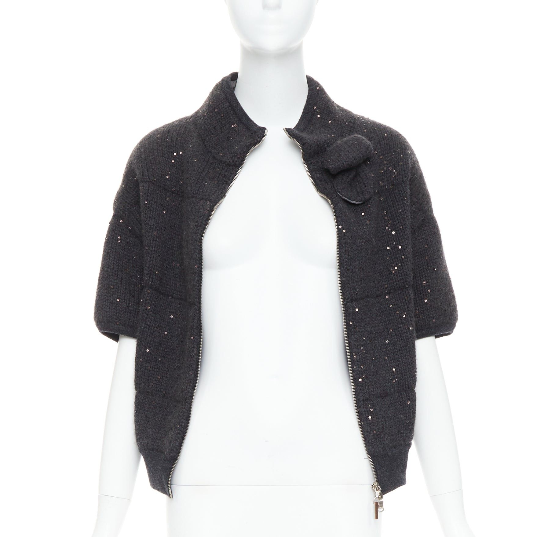 Brunello Cucinelli BRUNELLO CUCINELLI Cashmere dark grey sequin padded crop cardigan M Size M / US 6-8 / IT 42-44 - 3 Thumbnail