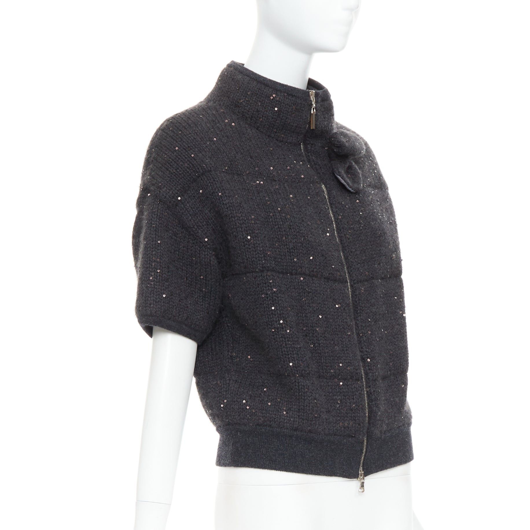 Brunello Cucinelli BRUNELLO CUCINELLI Cashmere dark grey sequin padded crop cardigan M Size M / US 6-8 / IT 42-44 - 4 Thumbnail