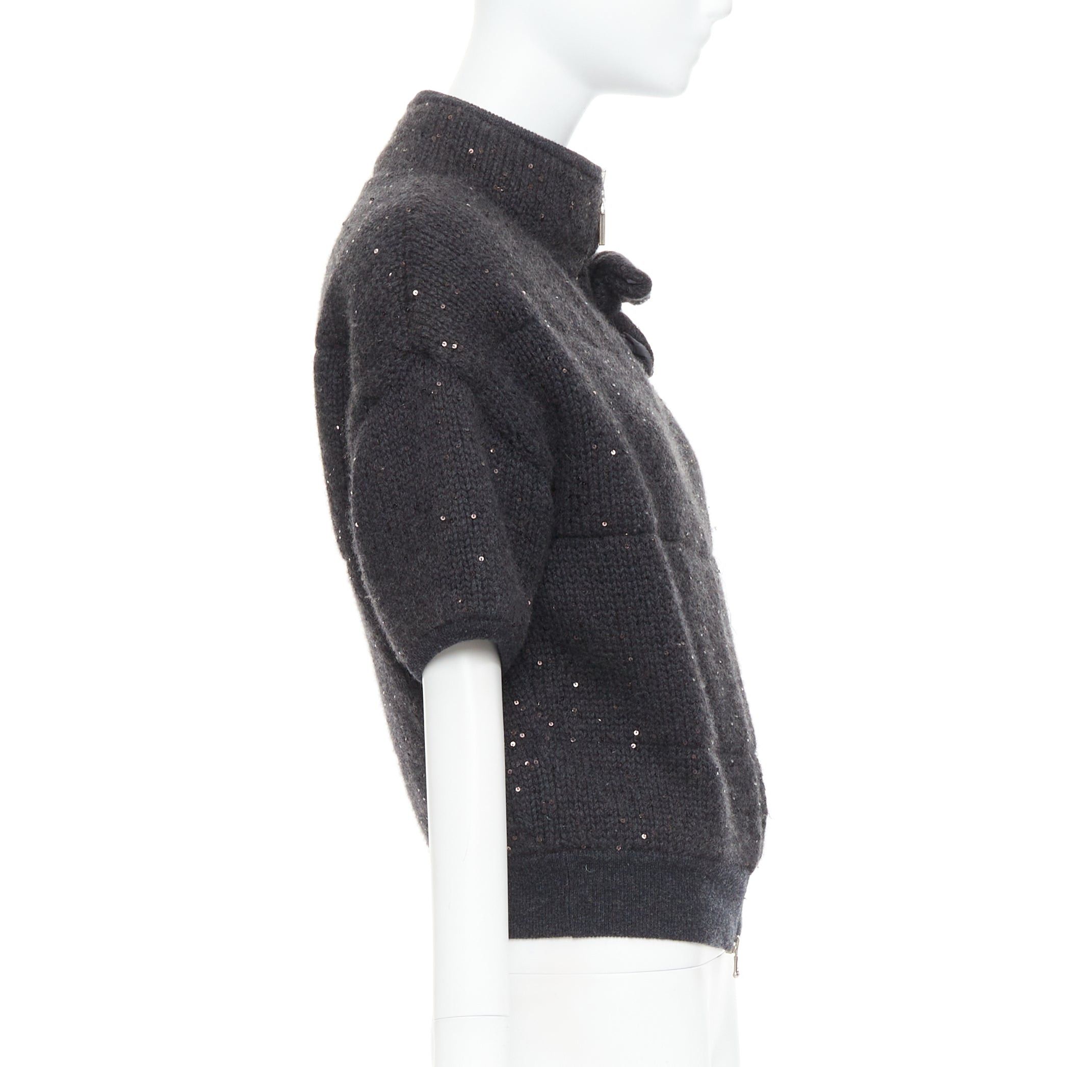 Brunello Cucinelli BRUNELLO CUCINELLI Cashmere dark grey sequin padded crop cardigan M Size M / US 6-8 / IT 42-44 - 5 Thumbnail