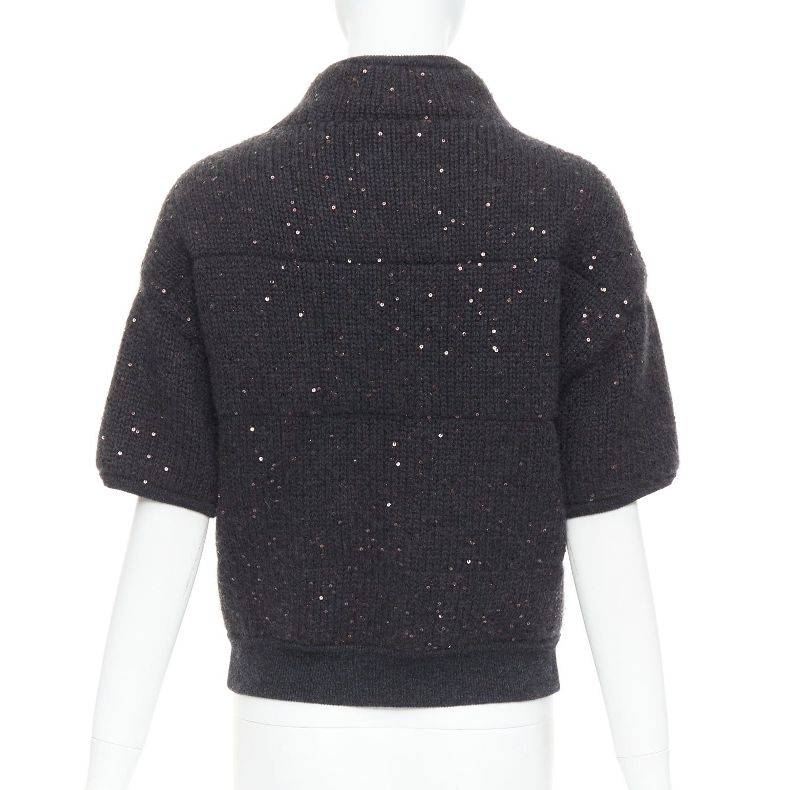 Brunello Cucinelli BRUNELLO CUCINELLI Cashmere dark grey sequin padded crop cardigan M Size M / US 6-8 / IT 42-44 - 6 Thumbnail