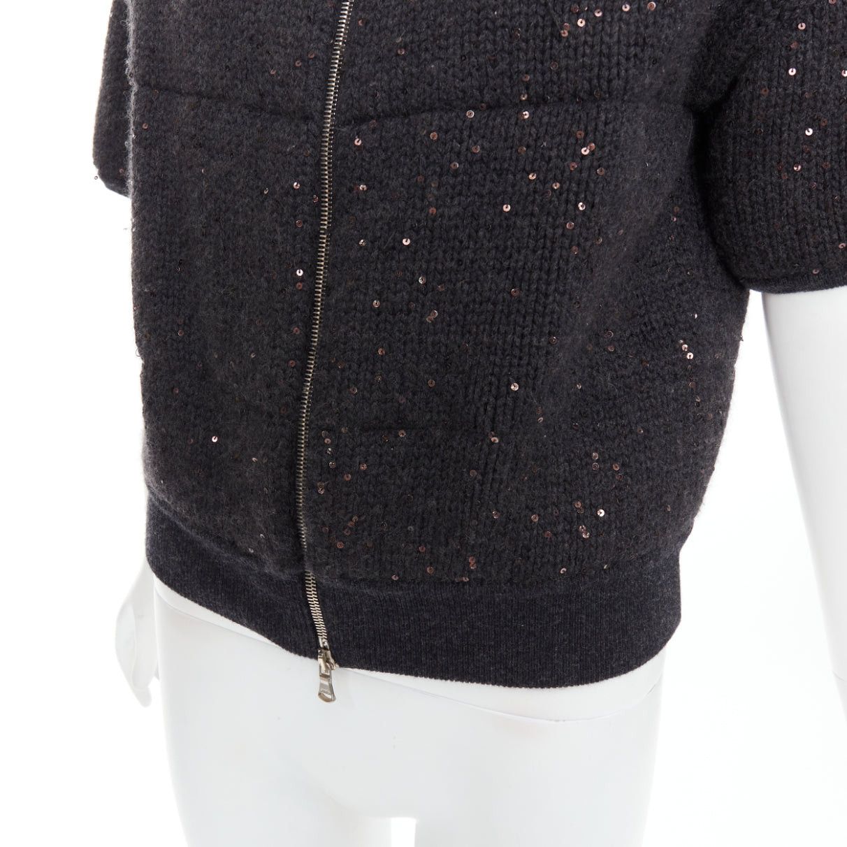Brunello Cucinelli BRUNELLO CUCINELLI Cashmere dark grey sequin padded crop cardigan M Size M / US 6-8 / IT 42-44 - 8 Thumbnail