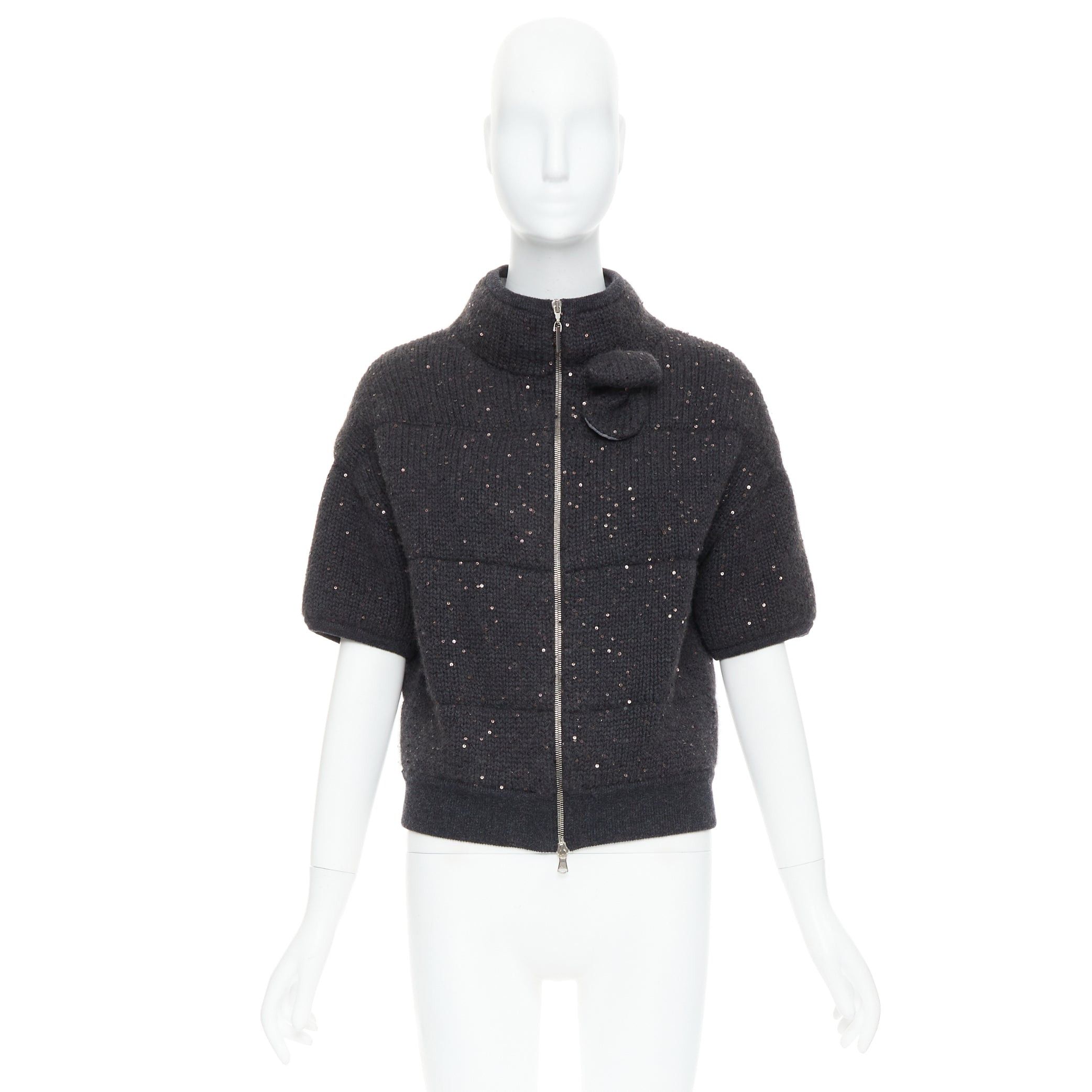 Brunello Cucinelli BRUNELLO CUCINELLI Cashmere dark grey sequin padded crop cardigan M Size M / US 6-8 / IT 42-44 - 10 Thumbnail
