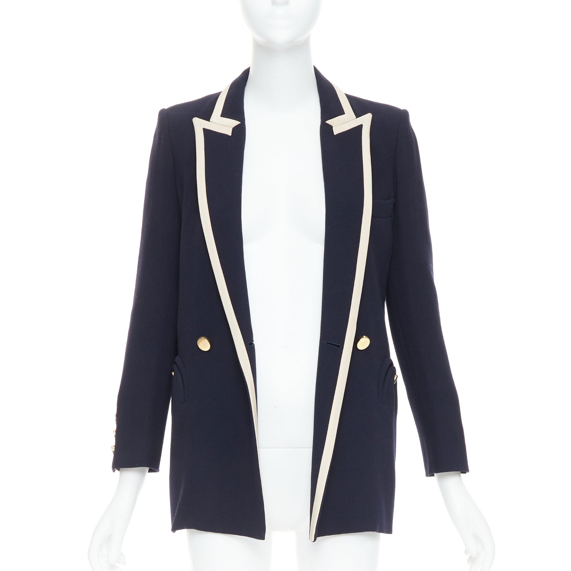 Blaze BLAZE MILANO Everyday navy virgin wool cream silk trim curved pocket blazer US0 XS Size XS / US 0-2 / IT 36-38 - 3 Thumbnail