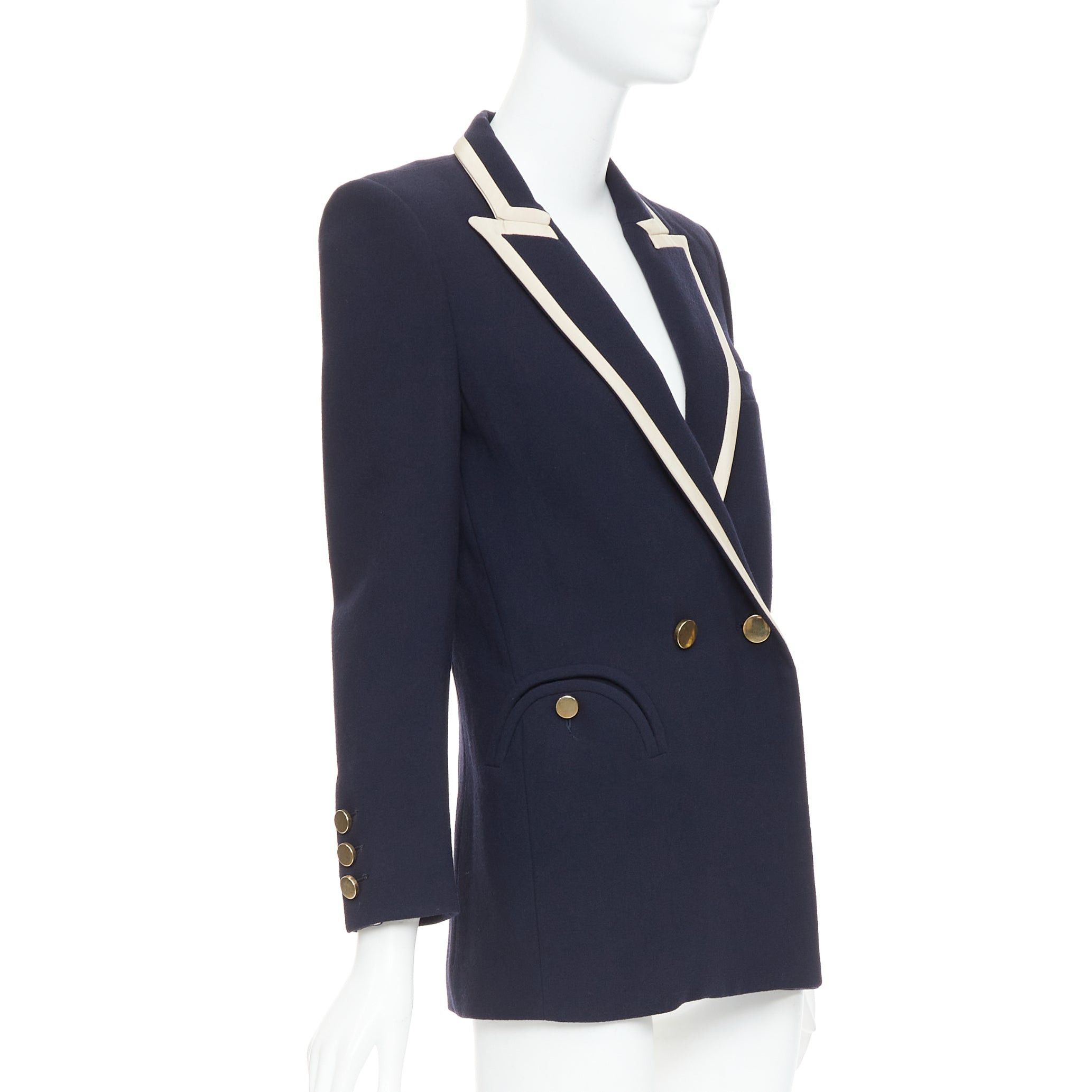 Blaze BLAZE MILANO Everyday navy virgin wool cream silk trim curved pocket blazer US0 XS Size XS / US 0-2 / IT 36-38 - 4 Thumbnail