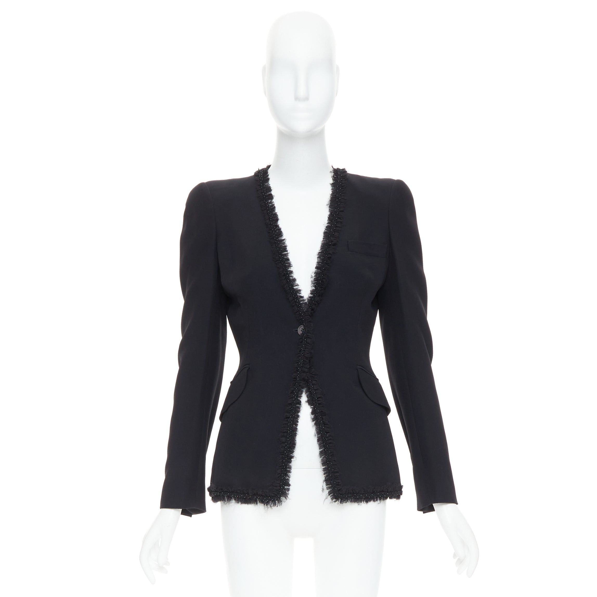 Alexander McQueen ALEXANDER MCQUEEN 2011 black beads frayed ruffle collar fitted blazer jacket IT40 S Size S / US 4 / IT 40 - 9 Thumbnail