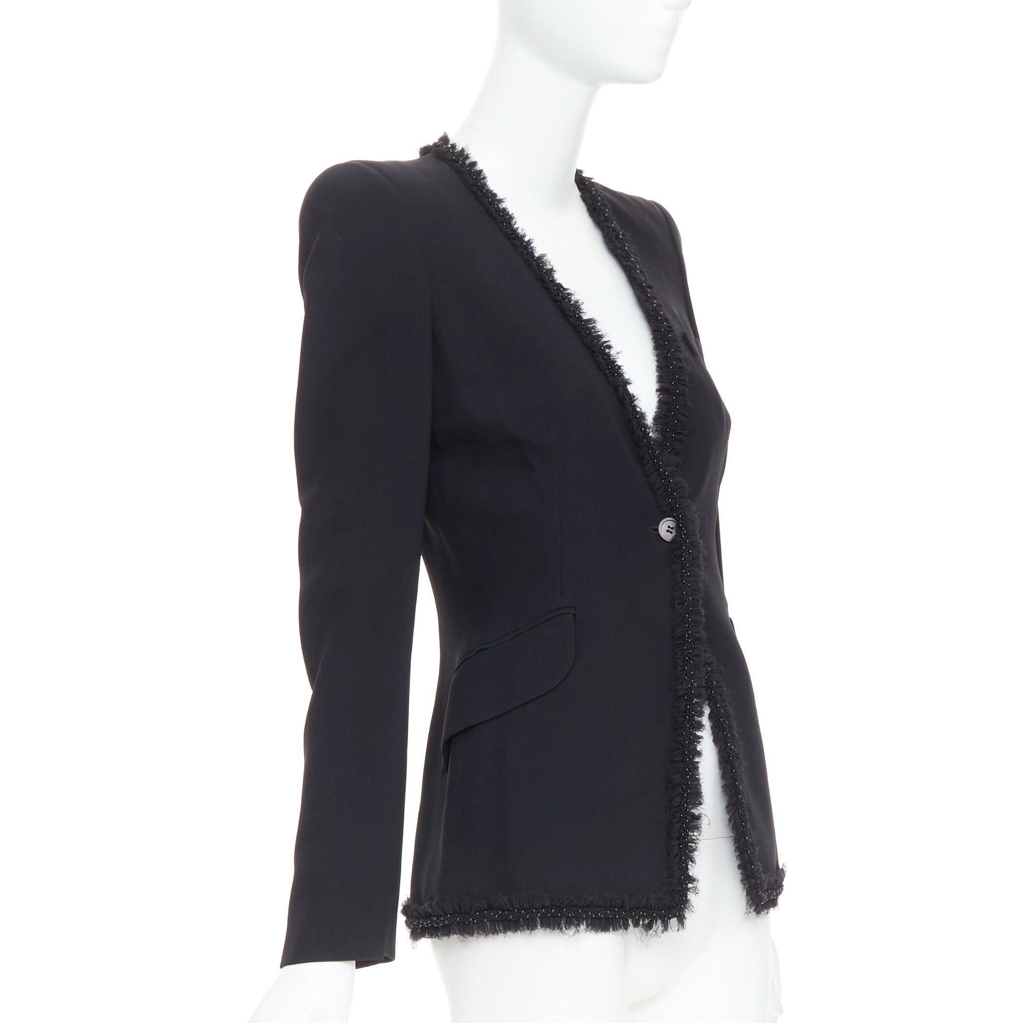 Alexander McQueen ALEXANDER MCQUEEN 2011 black beads frayed ruffle collar fitted blazer jacket IT40 S Size S / US 4 / IT 40 - 3 Thumbnail