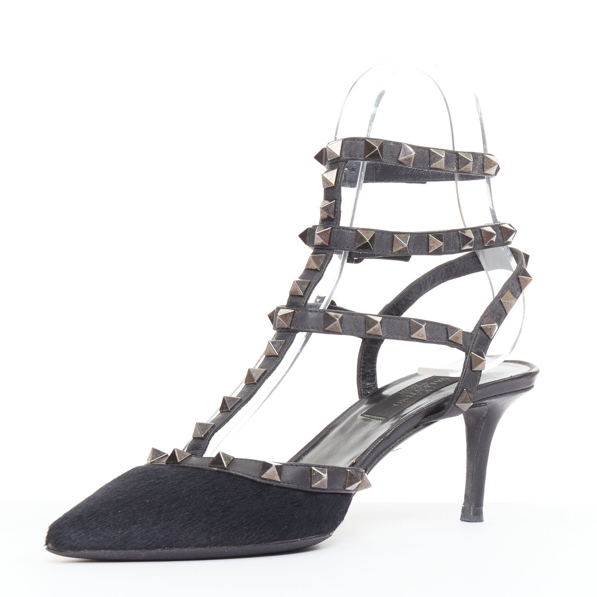 Valentino VALENTINO Rockstud Noir black horsehair silver studs pointy cage sandals EU37.5 Size US 7.5 / IT 37.5 - 4 Thumbnail