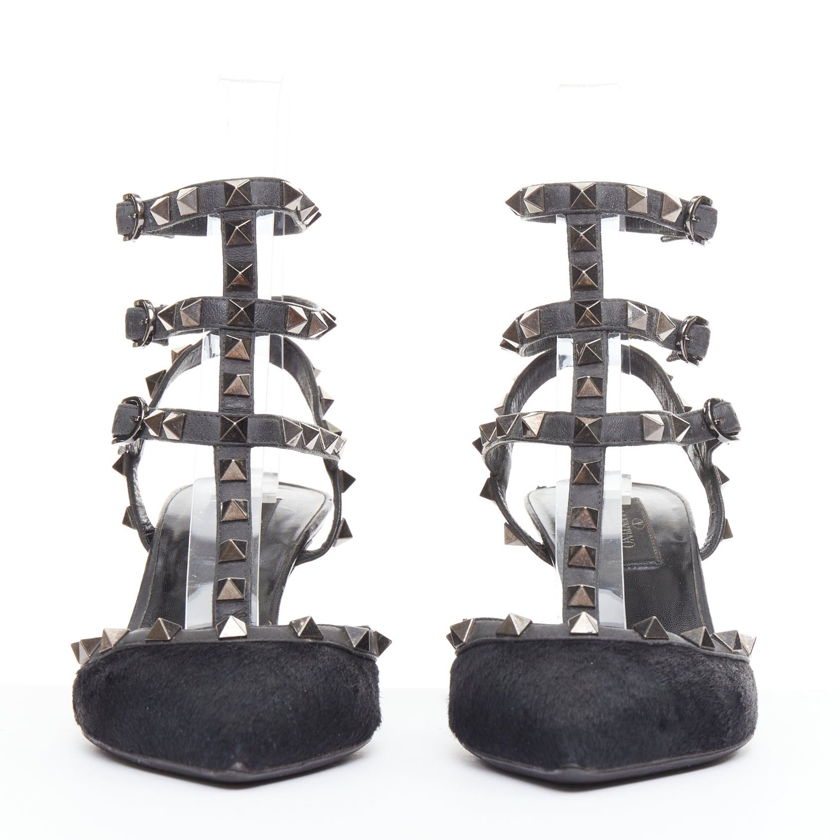Valentino VALENTINO Rockstud Noir black horsehair silver studs pointy cage sandals EU37.5 Size US 7.5 / IT 37.5 - 3 Thumbnail