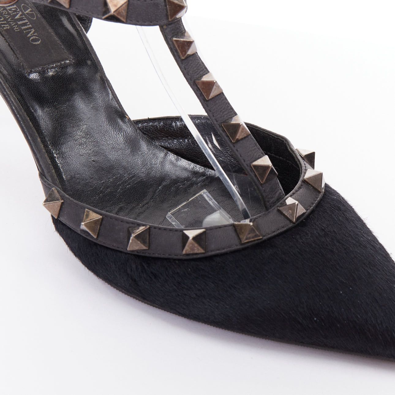 Valentino VALENTINO Rockstud Noir black horsehair silver studs pointy cage sandals EU37.5 Size US 7.5 / IT 37.5 - 7 Thumbnail