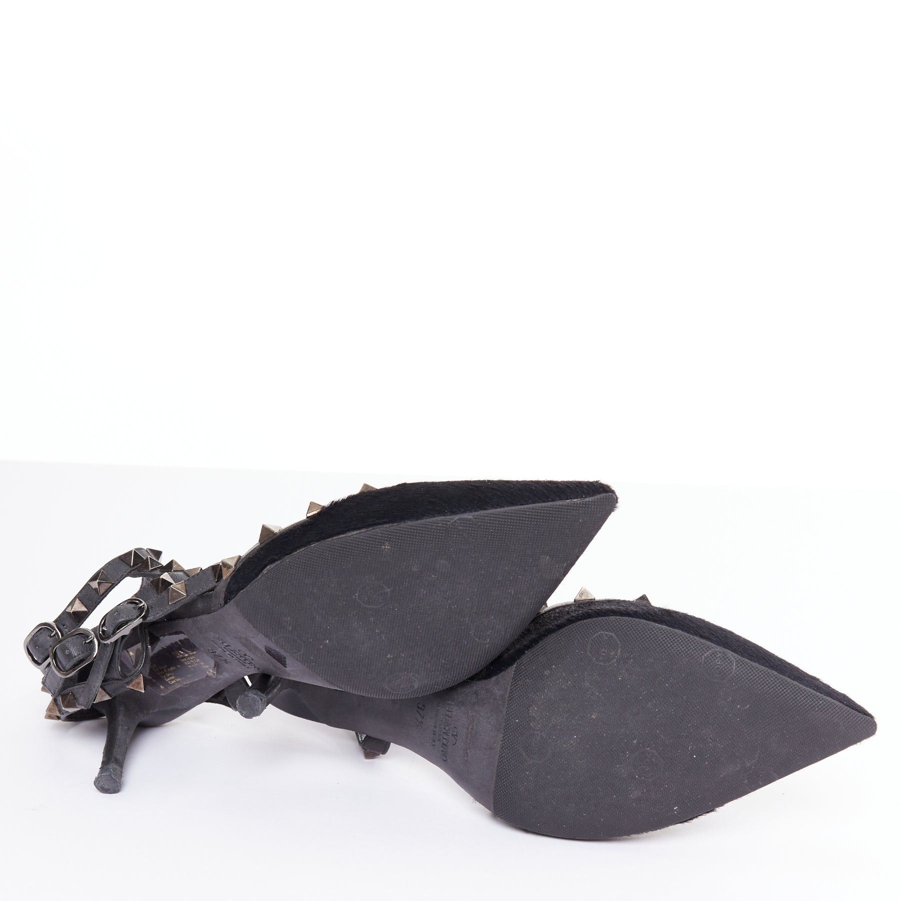 Valentino VALENTINO Rockstud Noir black horsehair silver studs pointy cage sandals EU37.5 Size US 7.5 / IT 37.5 - 11 Thumbnail