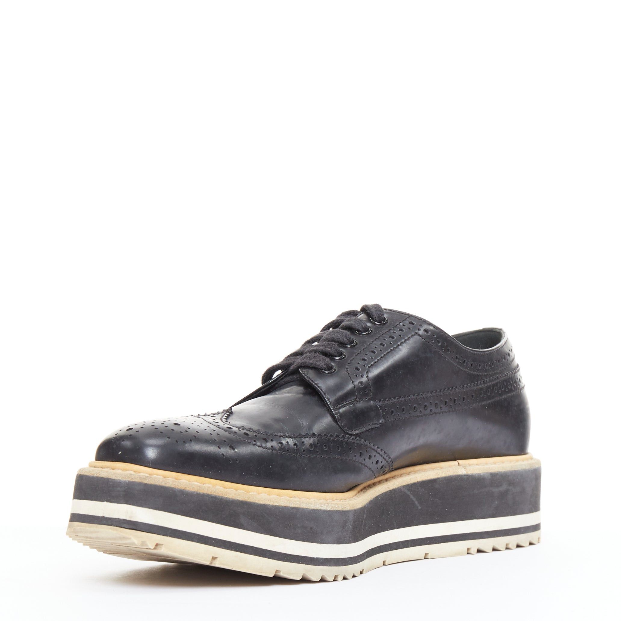 Prada PRADA Wingtip black white beige platform brogue oxfords EU37.5 Size US 7.5 / IT 37.5 - 3 Thumbnail