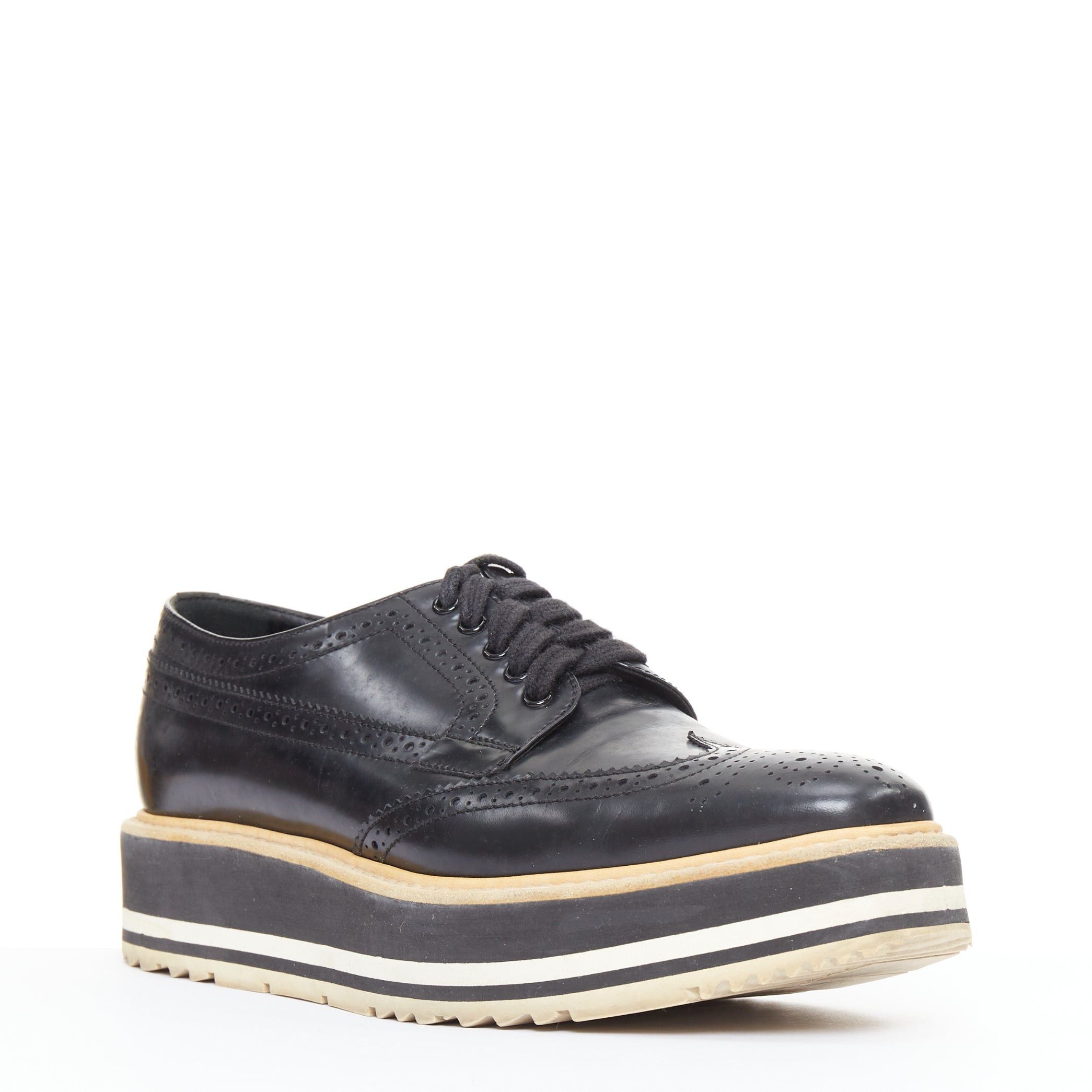 Prada PRADA Wingtip black white beige platform brogue oxfords EU37.5 Size US 7.5 / IT 37.5 - 2 Thumbnail