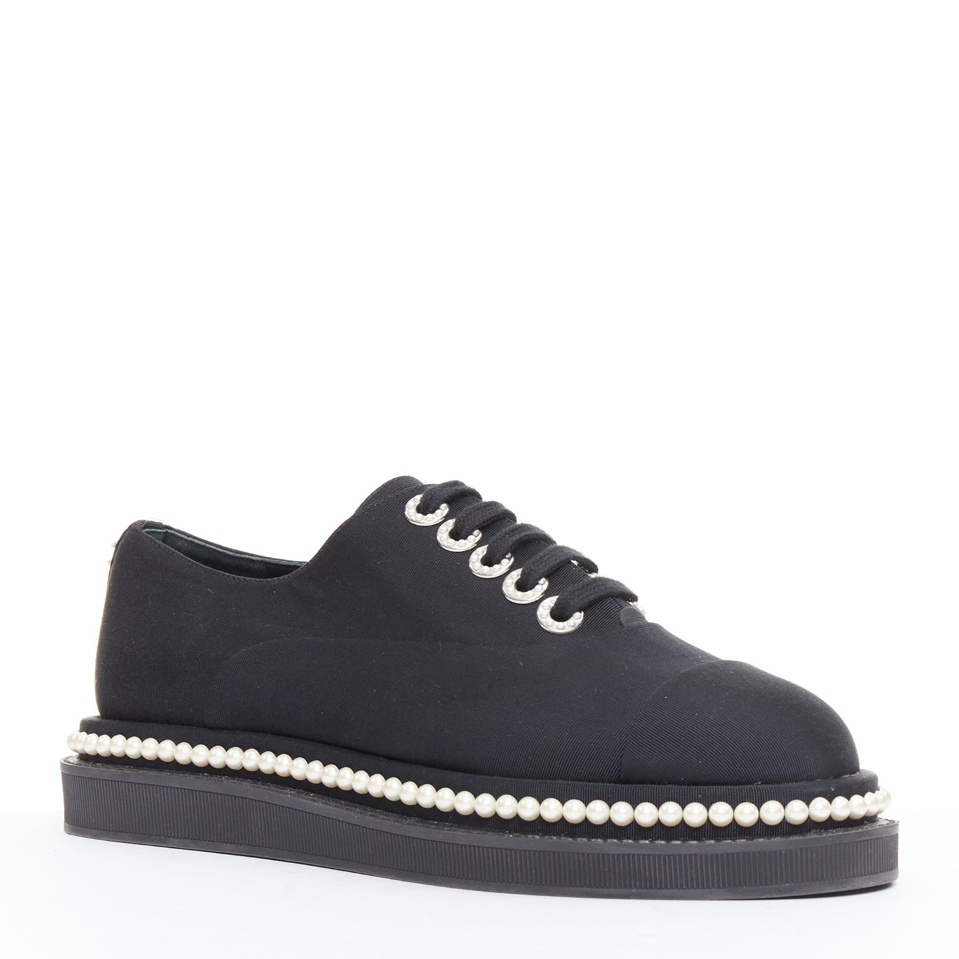 Chanel CHANEL black canvas pearl embellished trim fabric oxfords EU35.5 Size US 5.5 / IT 35.5 - 2 Thumbnail