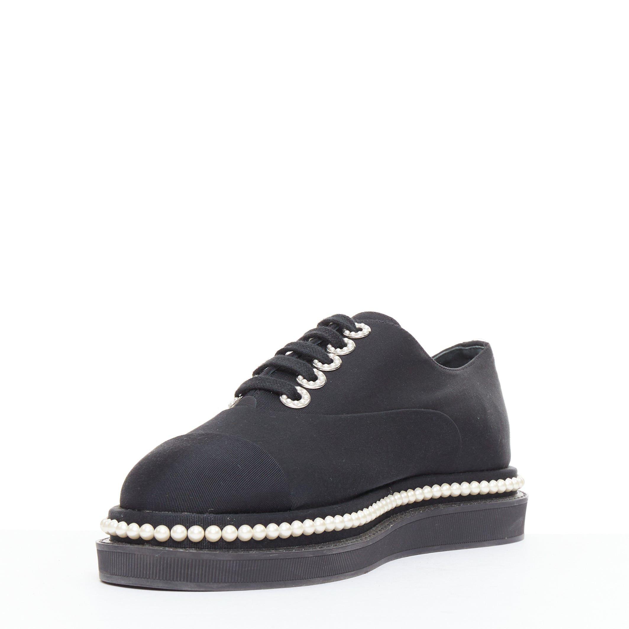 Chanel CHANEL black canvas pearl embellished trim fabric oxfords EU35.5 Size US 5.5 / IT 35.5 - 4 Thumbnail