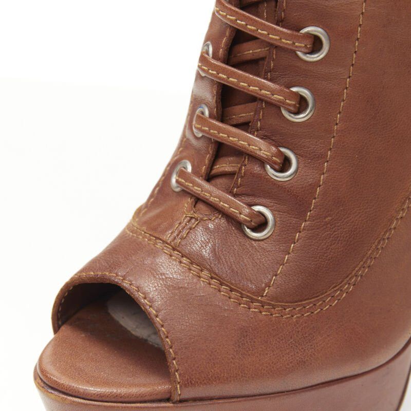 Miu Miu MIU MIU brown leather peep toe platform laced up high heel bootie EU37.5 Size US 7.5 / IT 37.5 - 8 Thumbnail