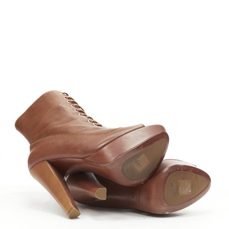 Miu Miu MIU MIU brown leather peep toe platform laced up high heel bootie EU37.5 Size US 7.5 / IT 37.5 - 6 Thumbnail