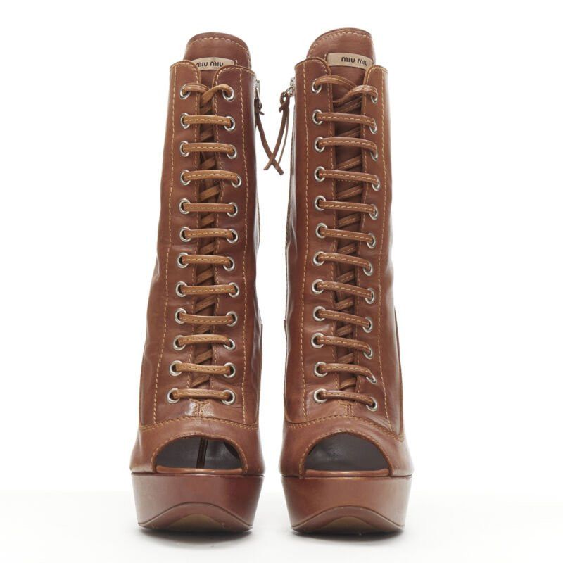 Miu Miu MIU MIU brown leather peep toe platform laced up high heel bootie EU37.5 Size US 7.5 / IT 37.5 - 3 Thumbnail