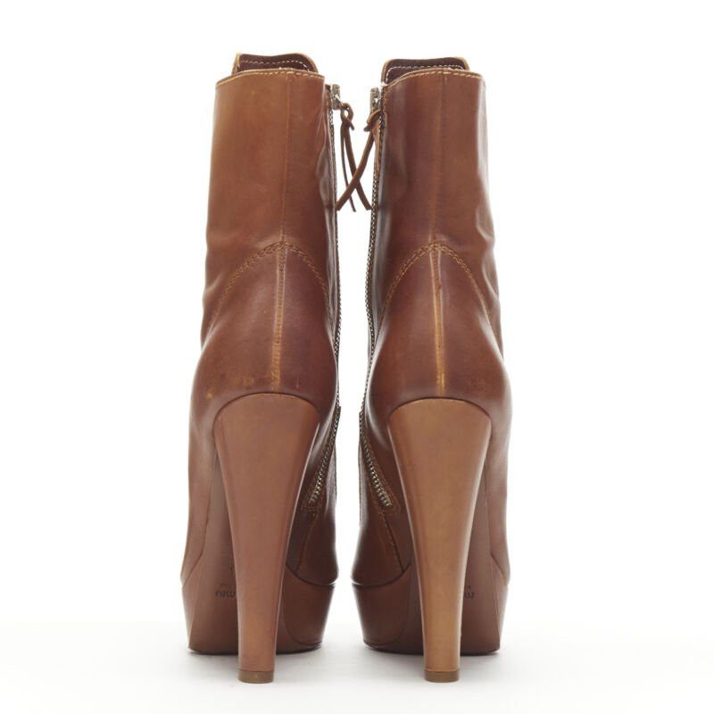 Miu Miu MIU MIU brown leather peep toe platform laced up high heel bootie EU37.5 Size US 7.5 / IT 37.5 - 5 Thumbnail