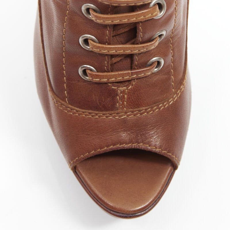 Miu Miu MIU MIU brown leather peep toe platform laced up high heel bootie EU37.5 Size US 7.5 / IT 37.5 - 7 Thumbnail