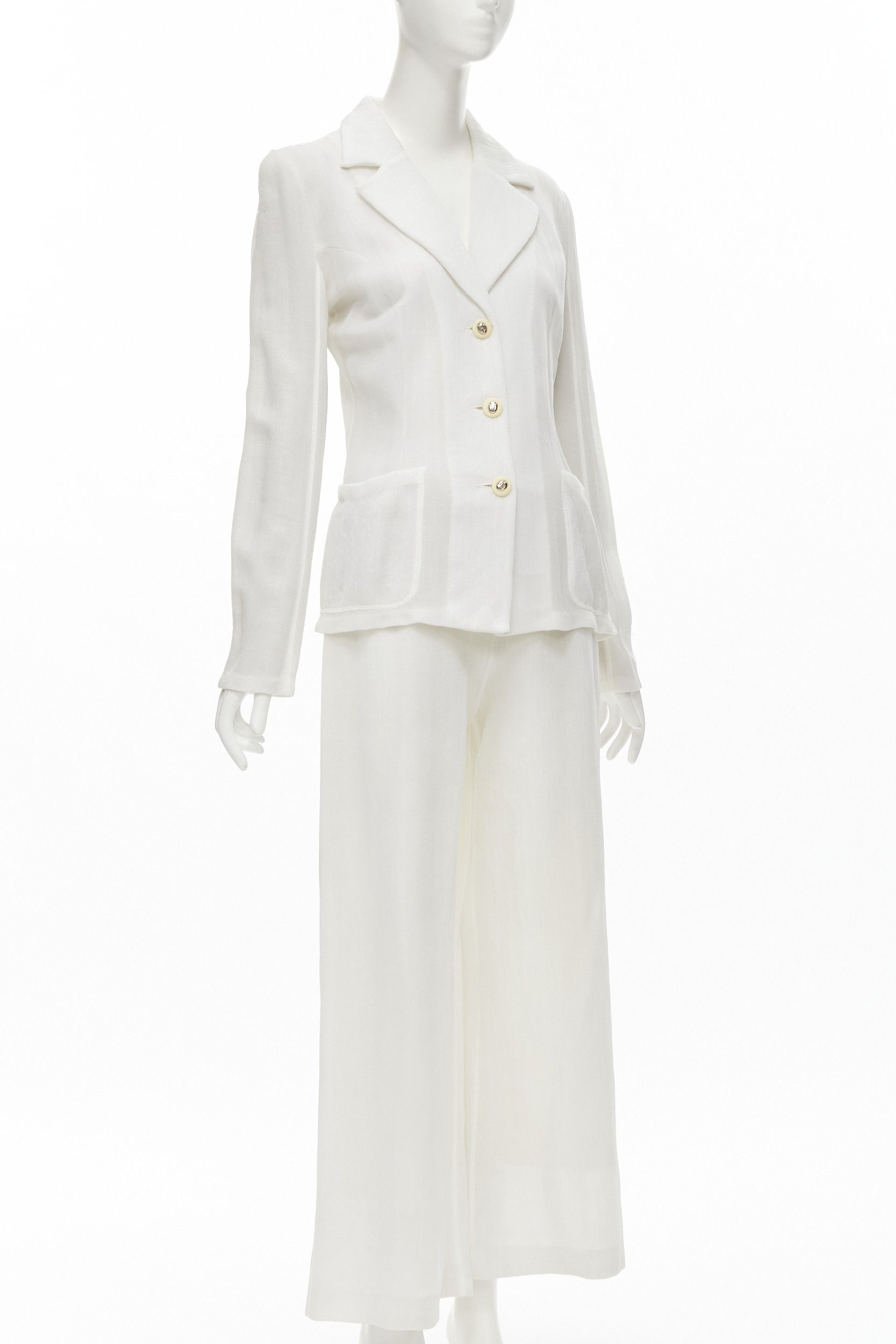 Other MARIOT CHANET white textured logo button fitted blazer wide leg pants IT42 M Size 28" / US 6 / IT 42 - 3 Thumbnail