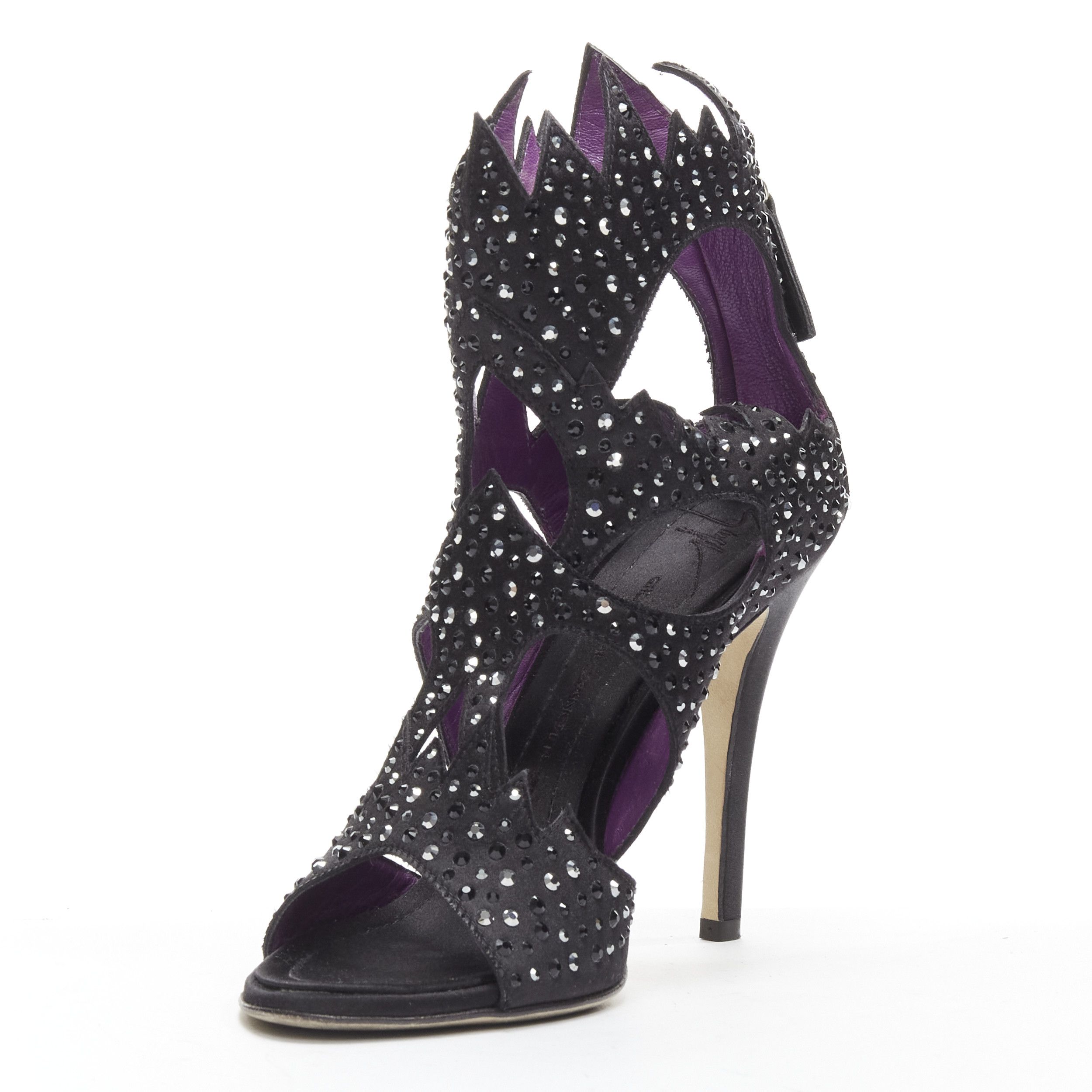 Giuseppe Zanotti GIUSEPPE ZANOTTI black crystal embellished satin cutout sandals heels EU37.5 Size US 7.5 / IT 37.5 - 4 Thumbnail