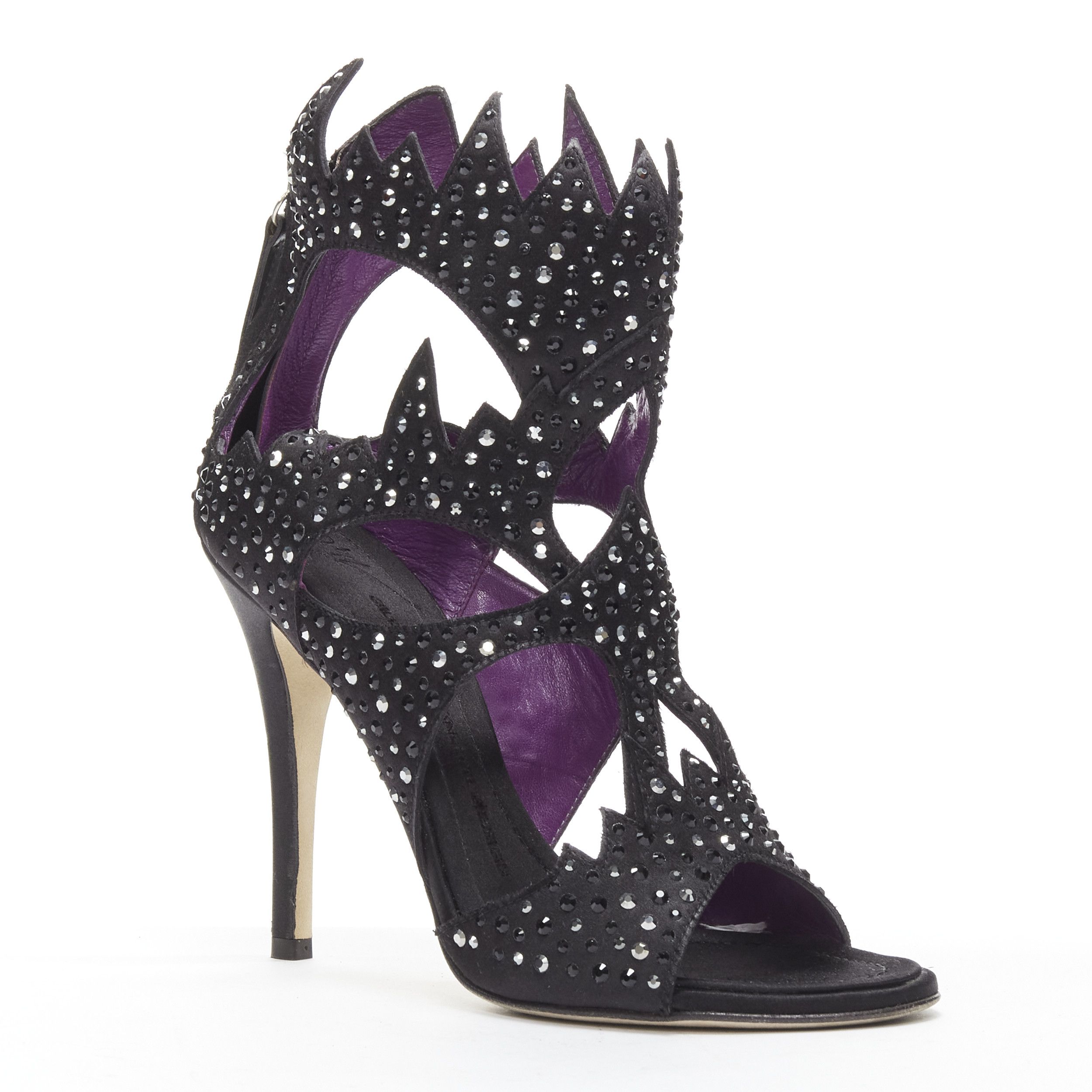 Giuseppe Zanotti GIUSEPPE ZANOTTI black crystal embellished satin cutout sandals heels EU37.5 Size US 7.5 / IT 37.5 - 2 Thumbnail